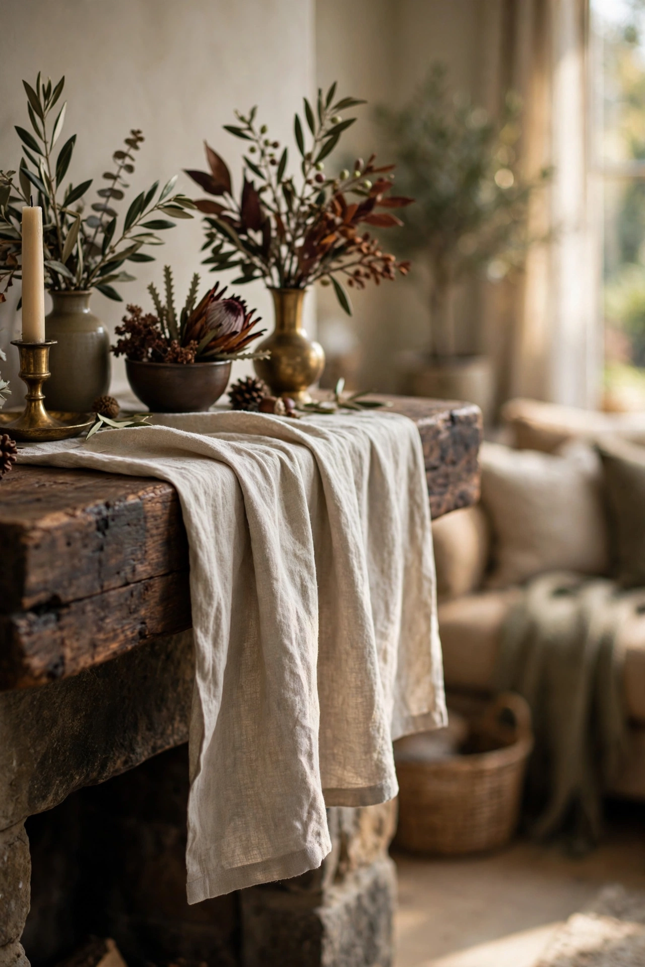 Ivory linen table runner draped down the center of a styled fall mantel with soft ends hanging past the edge.
