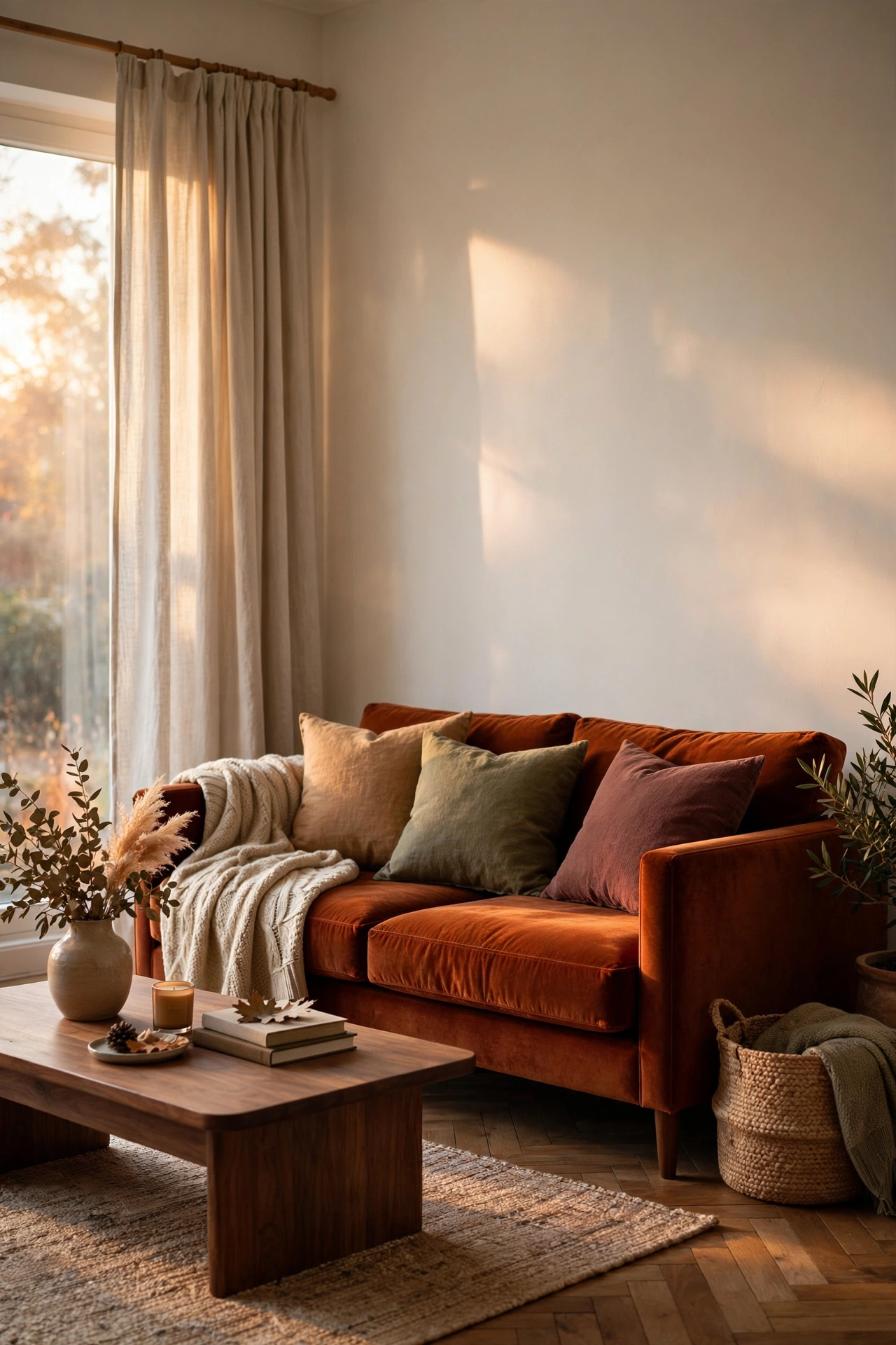 Cozy living room with a deep rust velvet sofa, walnut coffee table, and oatmeal linen curtains in soft afternoon light.