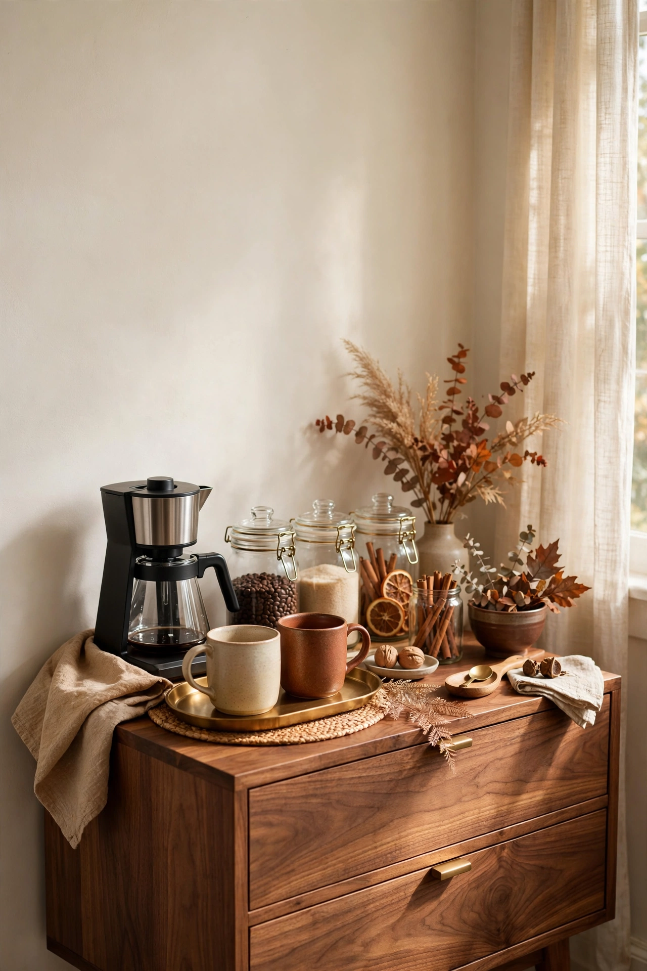 Warm wood sideboard styled as a fall coffee bar with a brass tray, mugs, and jars.