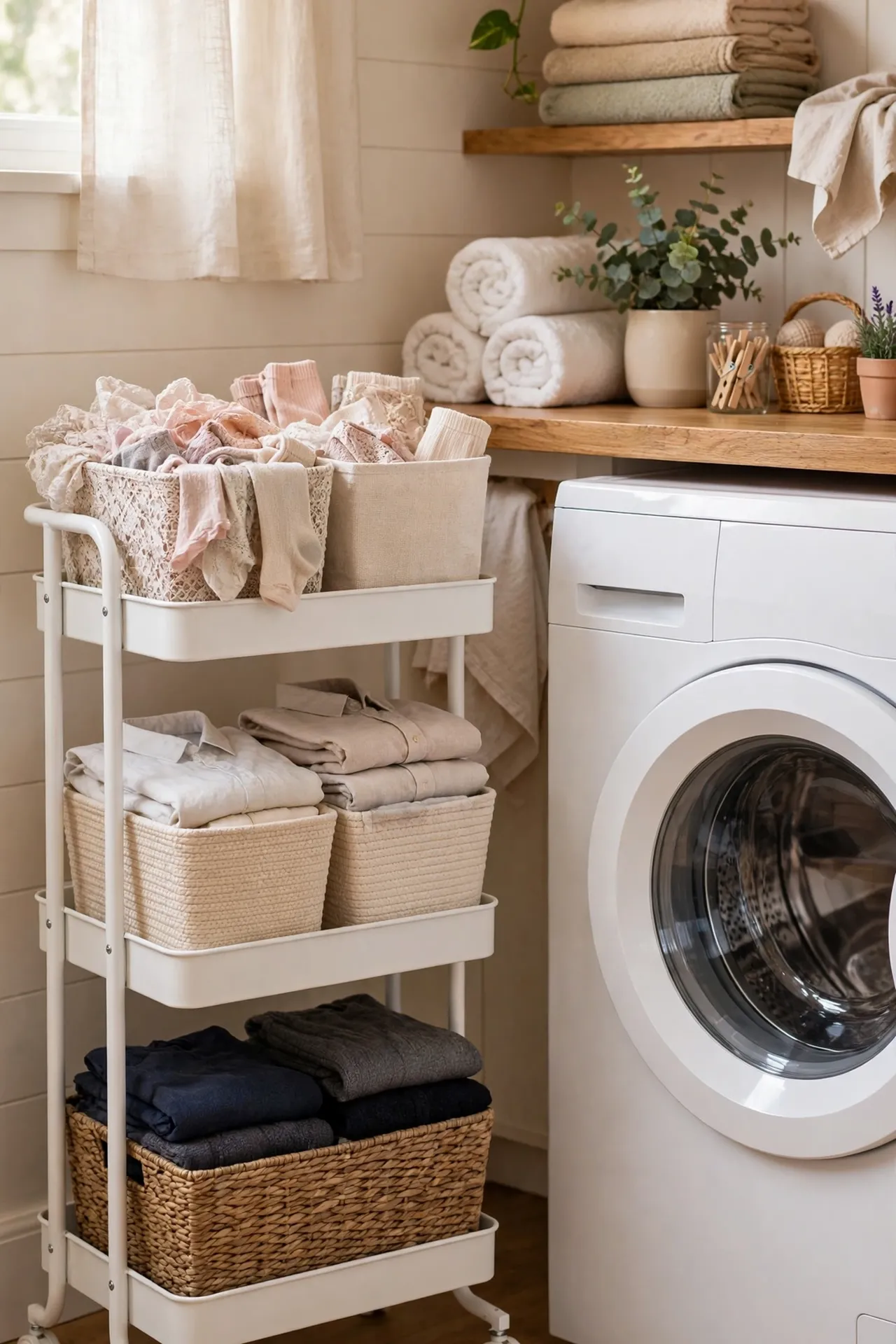 Slim rolling laundry cart with four tiers holding detergent, stain spray, and folded towels beside a washing machine