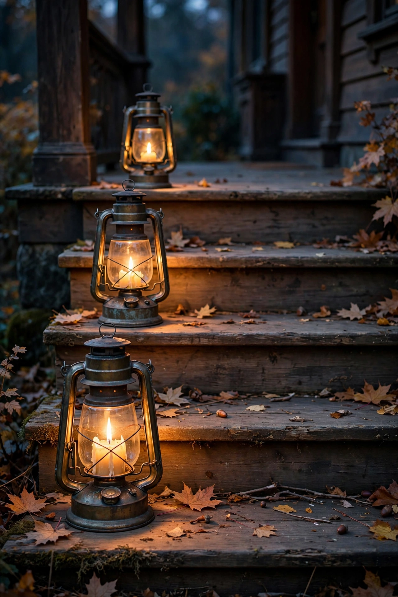 Three aged brass lanterns with glowing candles lined down one side of wooden front steps at dusk.
