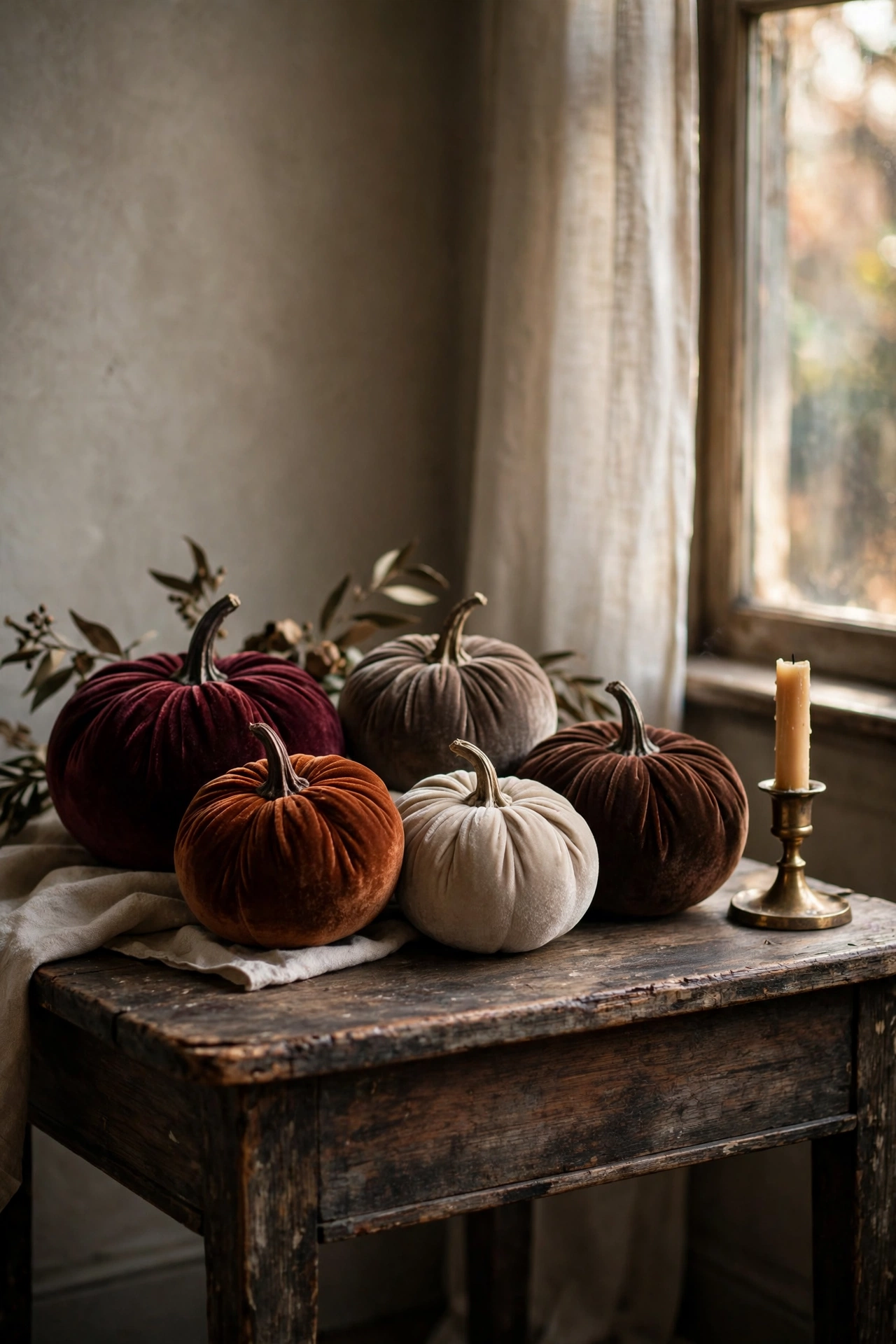 Velvet pumpkins in burgundy, rust, oatmeal and chocolate clustered on a side table in warm lamplight.