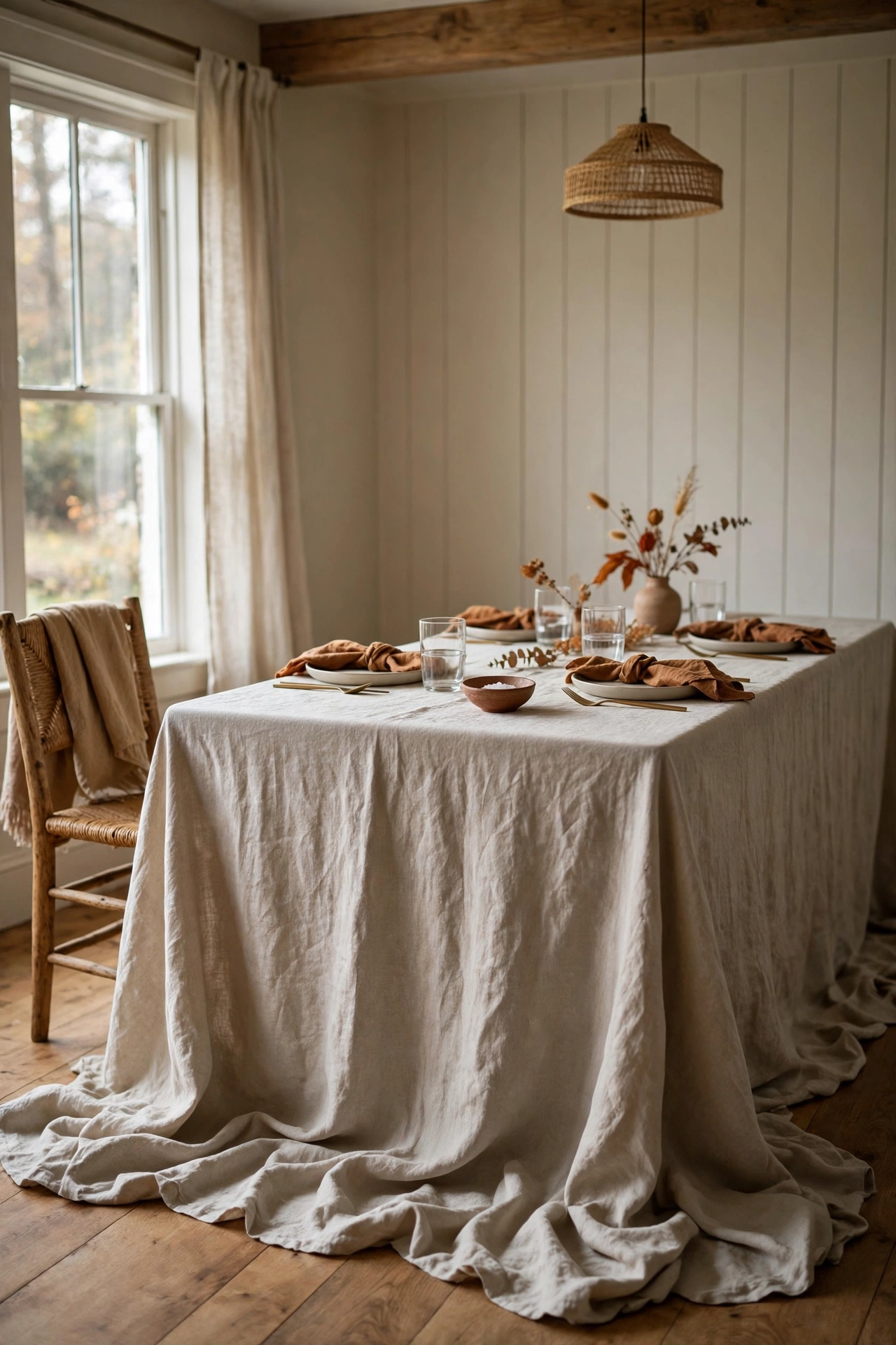 Farmhouse dining room with a long wood table dressed in a rumpled oatmeal washed linen tablecloth, soft daylight from a window.