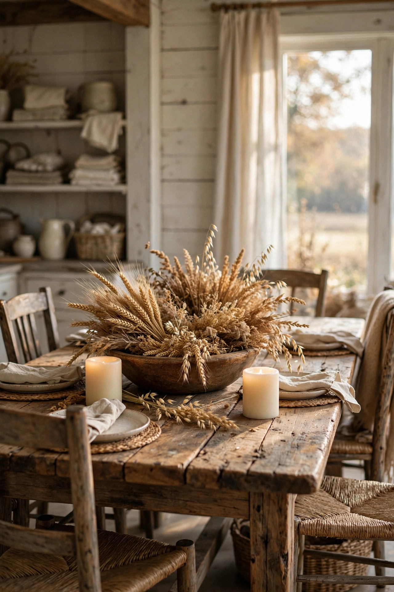 Country farmhouse dining room with a long reclaimed wood table and a low wooden dough bowl filled with dried wheat and barley as the Thanksgiving centerpiece.