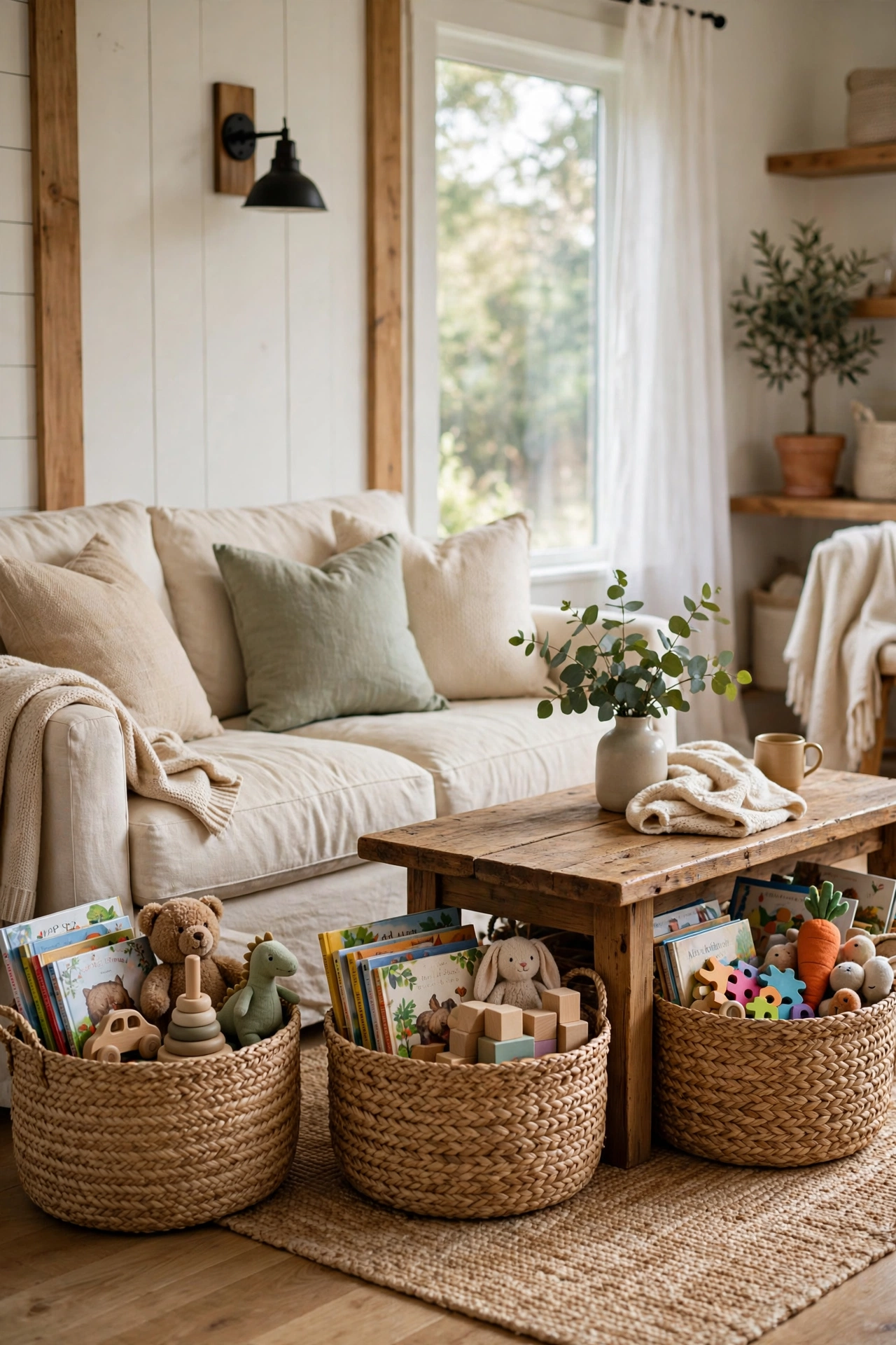 Modern farmhouse living room with a cream sofa and three woven seagrass baskets of children's toys tucked beside the sofa and under the coffee table.