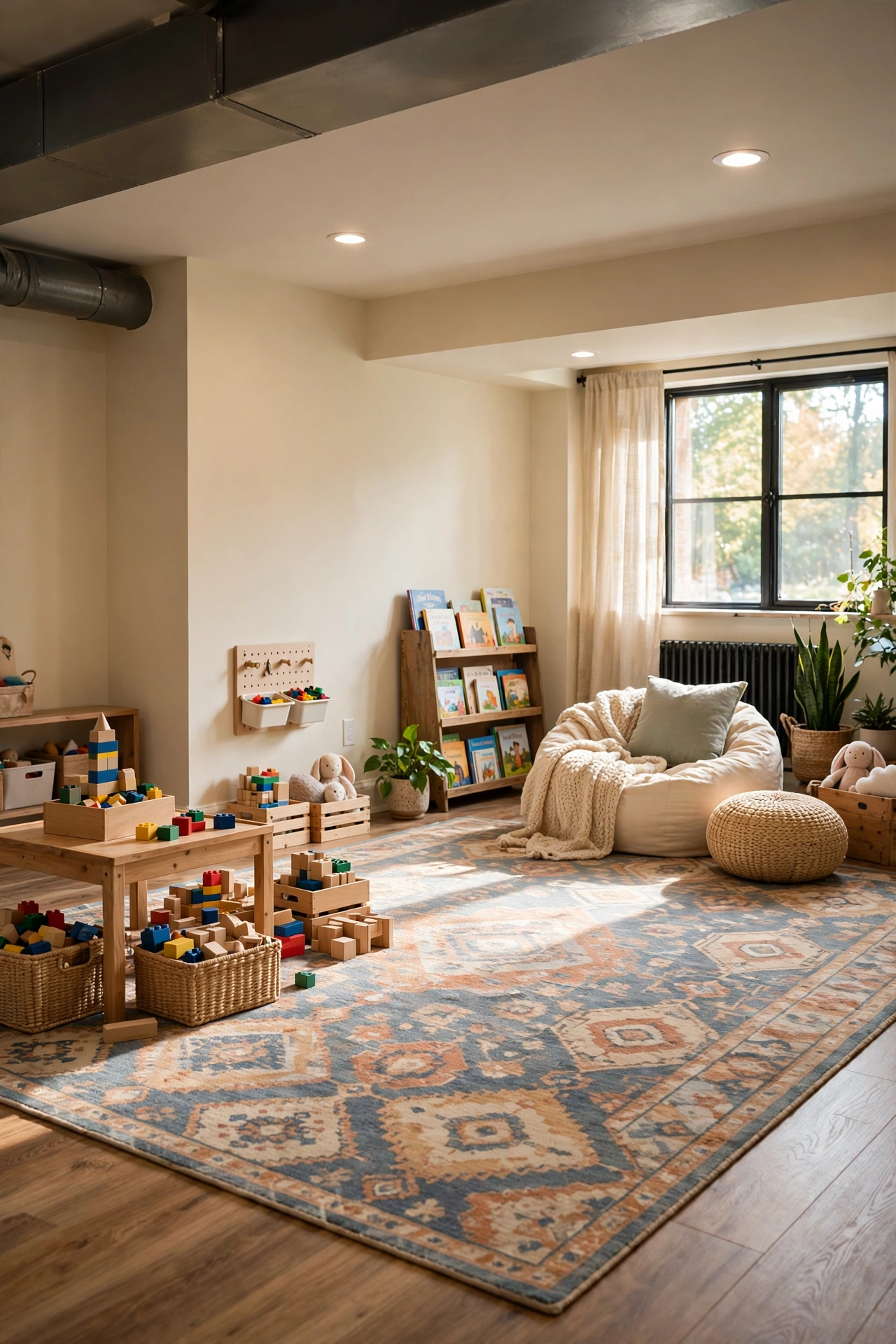 Basement playroom with a large patterned rug dividing the space into play zones, including a building corner and a reading nook with a bean bag.