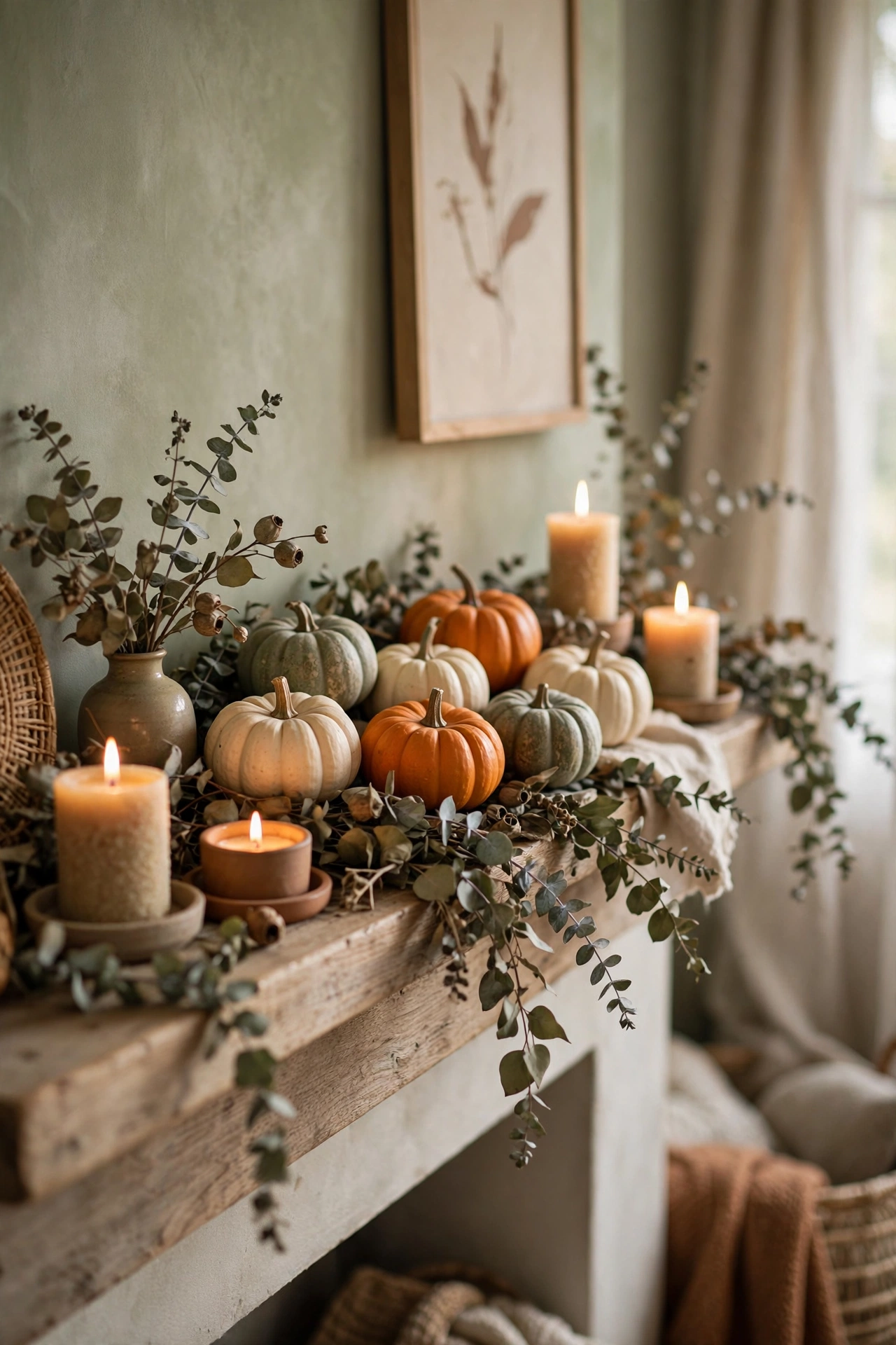 Clustered mini pumpkins on a fall mantel with eucalyptus garland