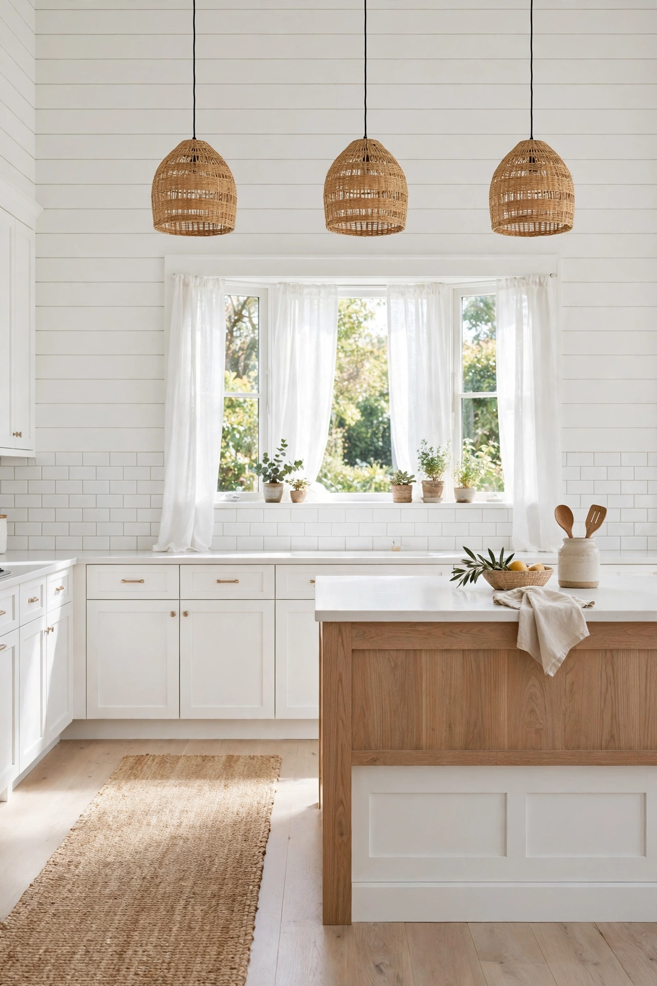 White shiplap kitchen with warm oak island and three rattan pendant lights over the sink window.