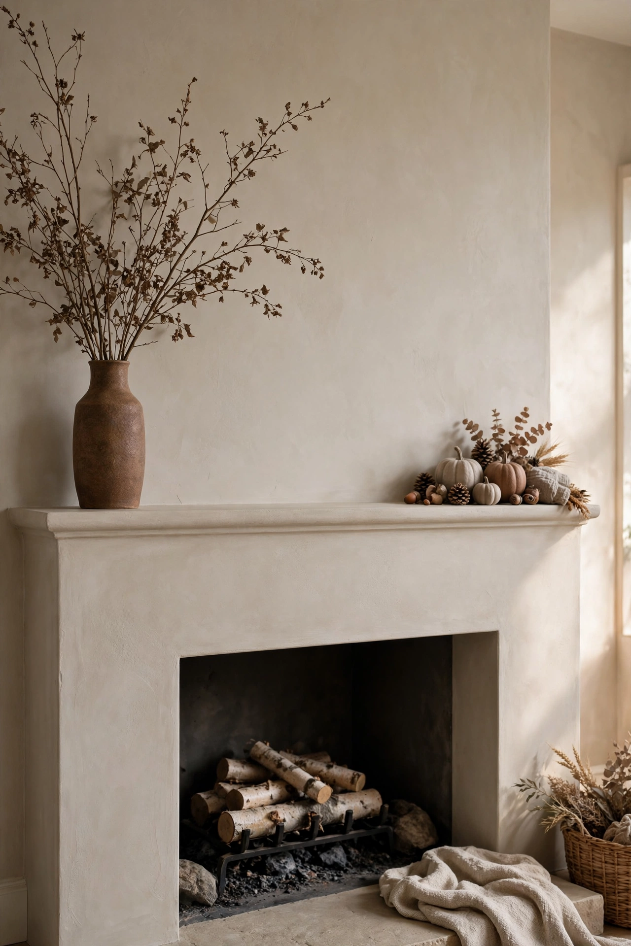 Fall mantel styled asymmetrically with tall candlesticks and branches anchored on the left and a quiet low bowl on the right.