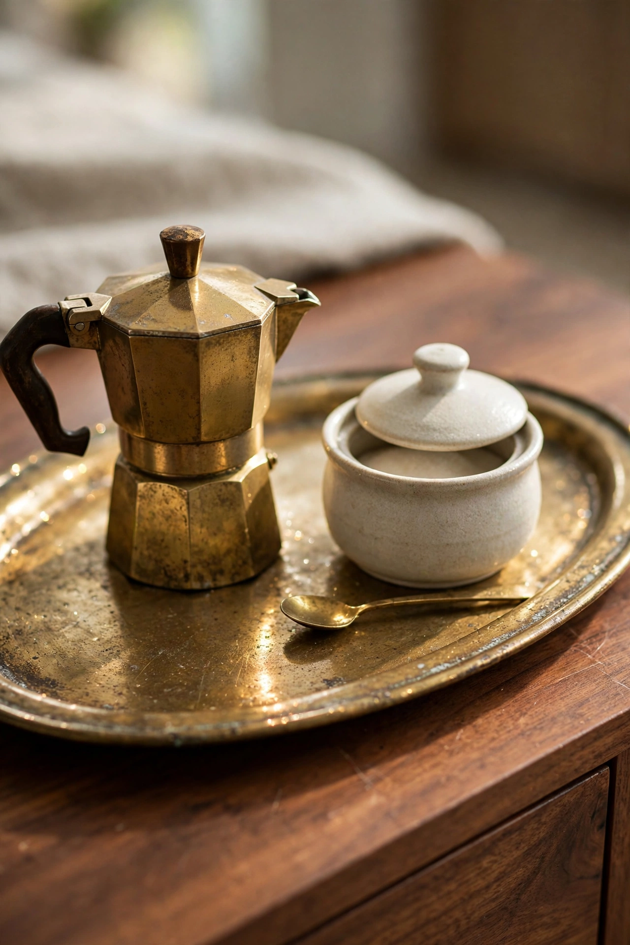 Vintage brass tray on a wood sideboard holding a coffee maker, sugar bowl, and small jars.