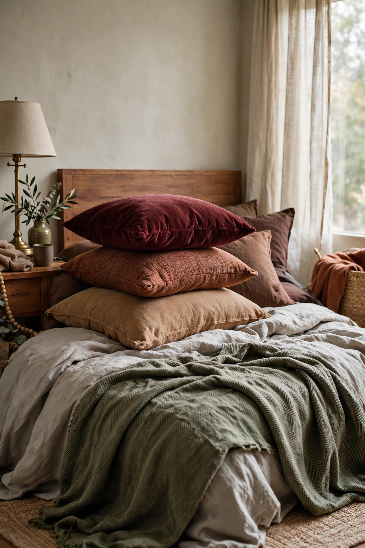 Artful stack of burgundy velvet, rust, and camel throw pillows layered on a cozy bed.