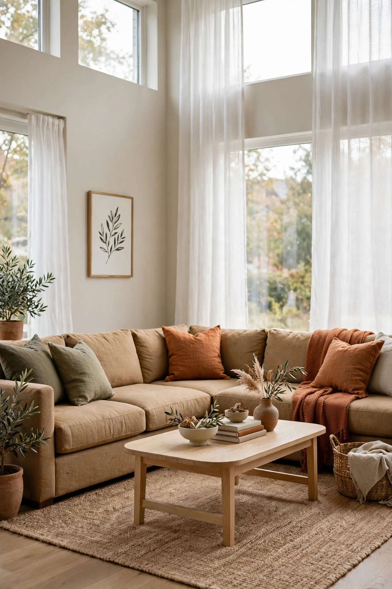 Bright living room with a warm camel linen sectional, natural jute rug, and pale oak coffee table.