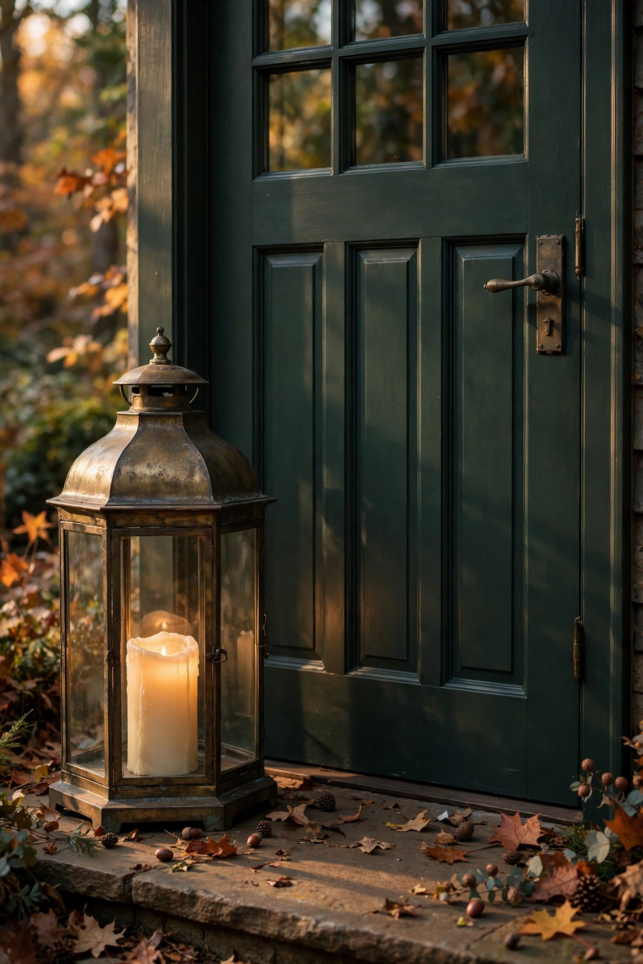 One oversized aged brass lantern with a glowing candle beside a dark green craftsman front door at golden hour.