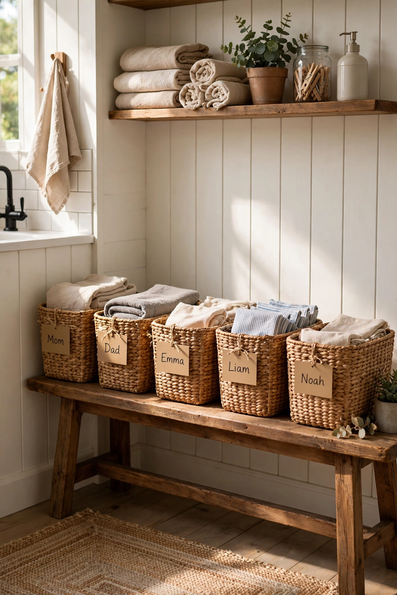 Three labeled wicker baskets marked for each family member holding folded laundry on a wooden shelf