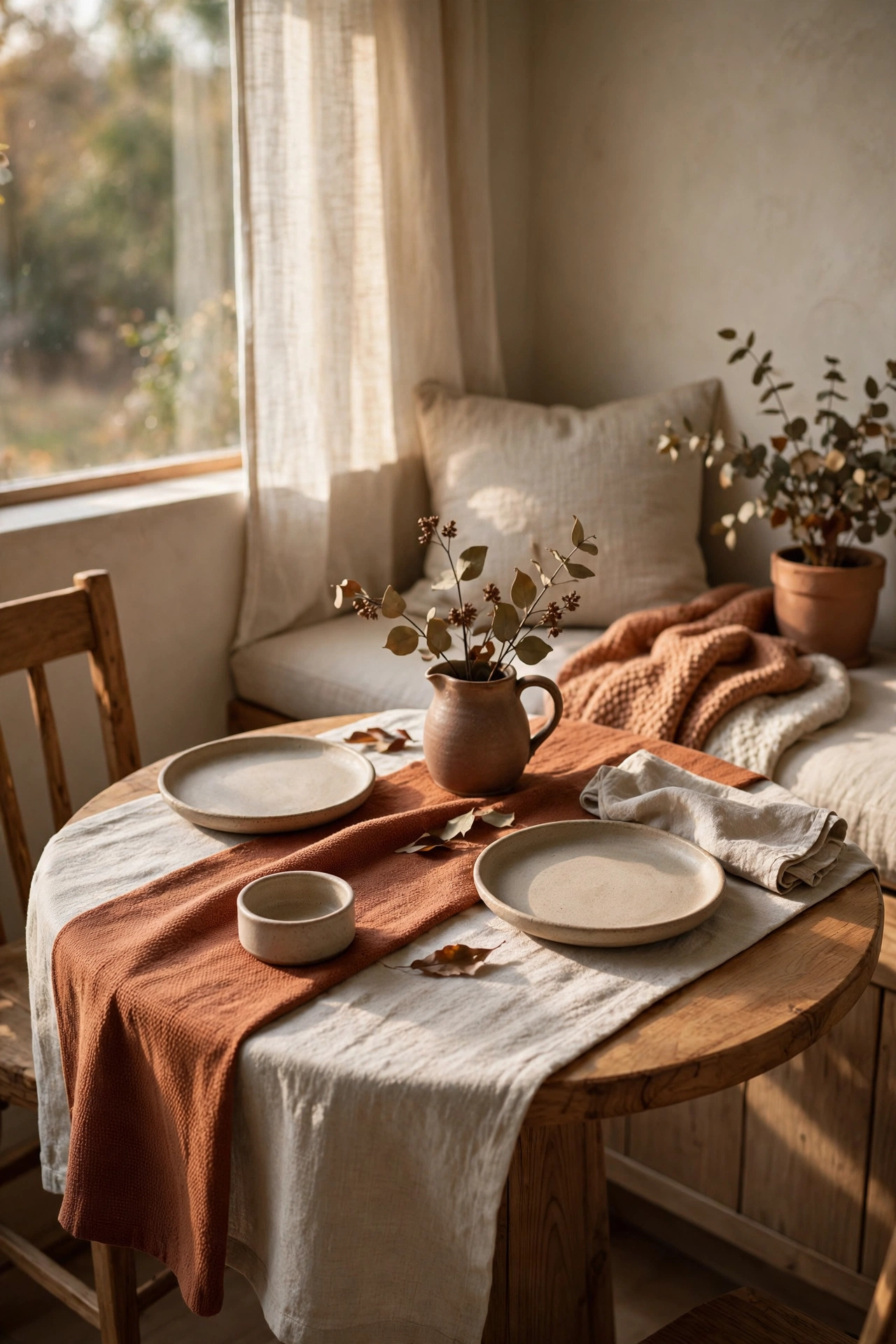 Round kitchen table in a sunny breakfast nook with layered natural linen and rust table runners down the center.
