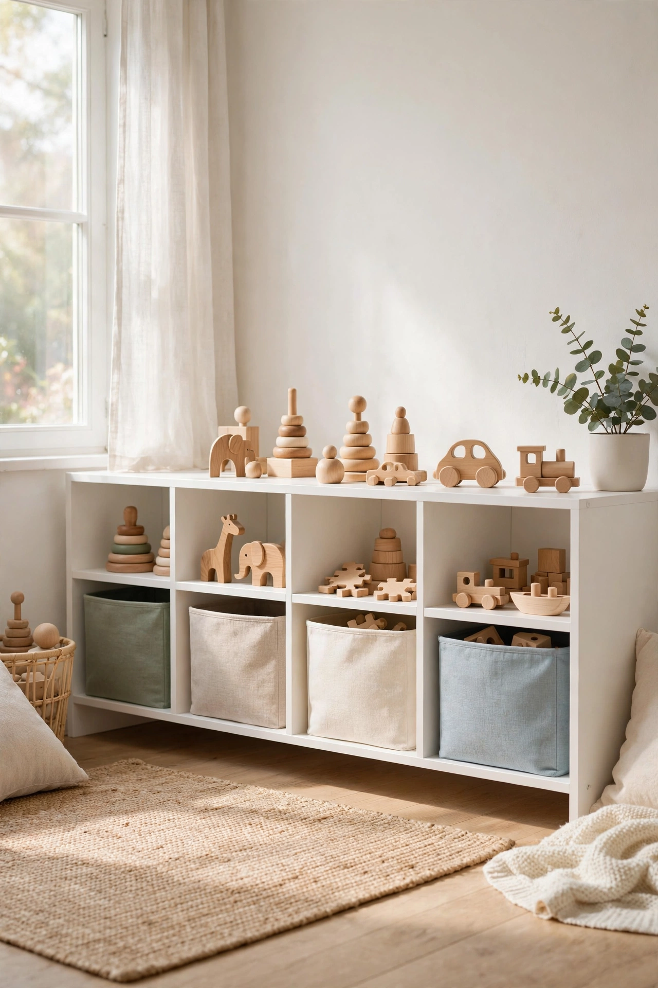 Bright playroom with low white open shelves at kid height holding labeled fabric bins and wooden toys.