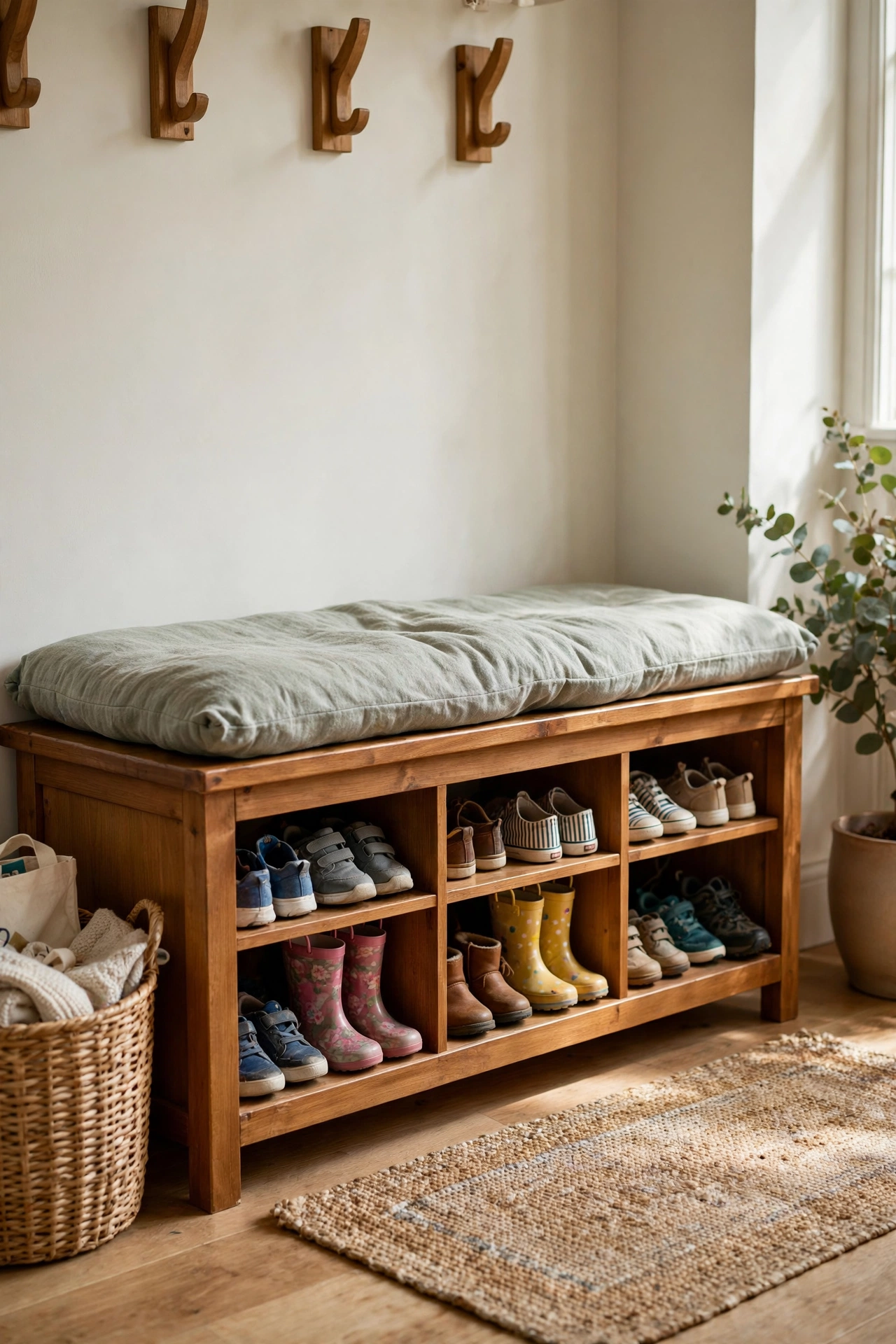 Entryway bench with open shoe cubbies underneath filled with kids shoes, cushion on top