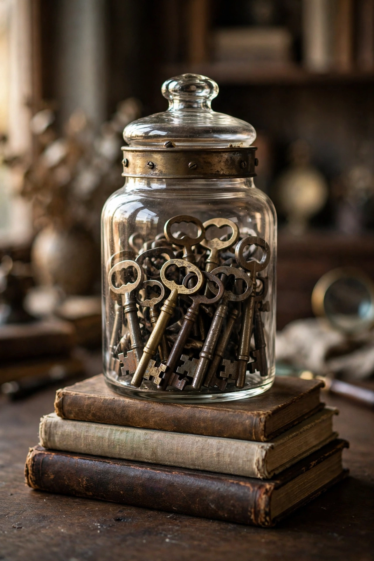 Antique skeleton keys displayed in a vintage apothecary jar on a stack of old books.