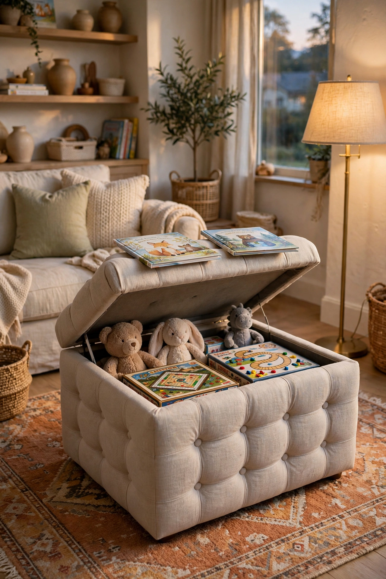 Cozy family room with a tufted oatmeal storage ottoman with the lid open showing stuffed animals and board games stored inside.