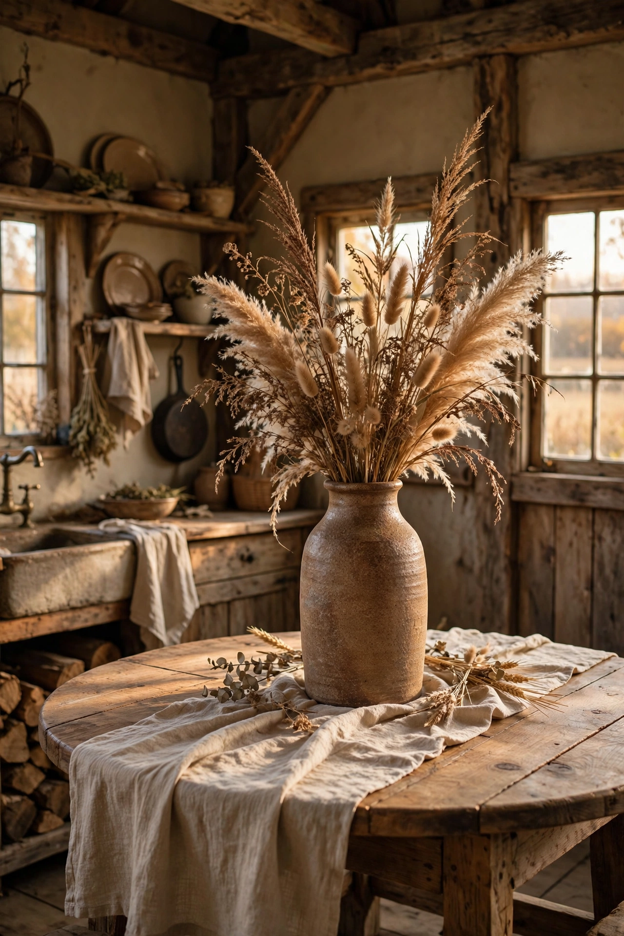 Rustic barn kitchen with a round pine table and a tall stoneware jug of dried pampas grass and ornamental grasses as the Thanksgiving centerpiece.