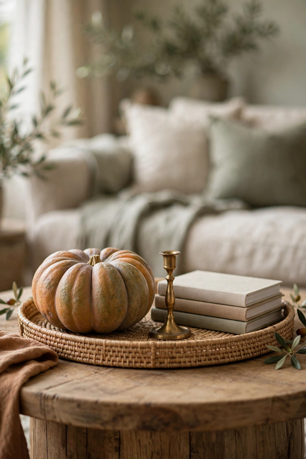 Heirloom pumpkin styled on a wooden coffee table tray