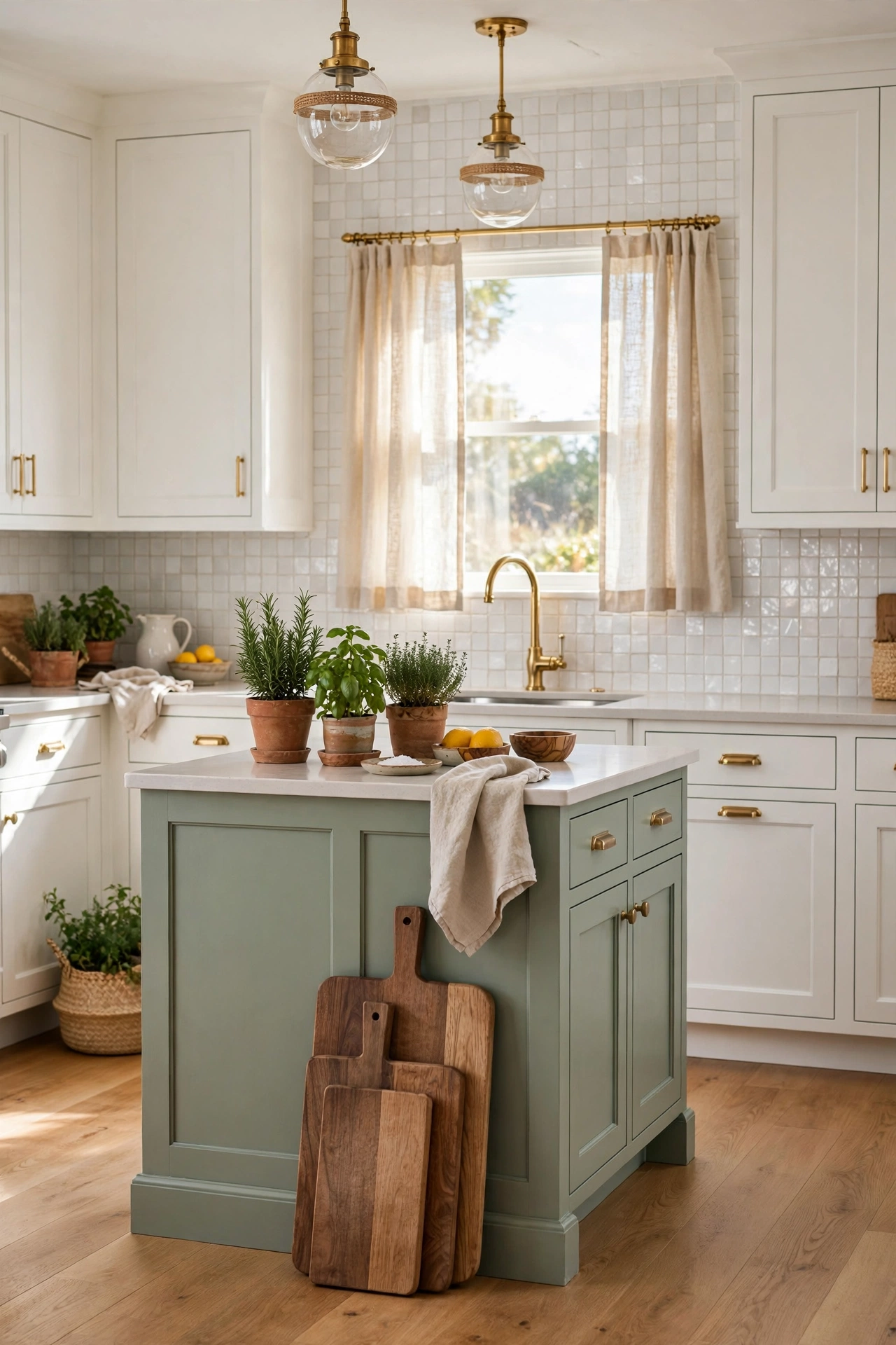 Sage green kitchen island with brass faucet and details, white cabinets in soft daylight.