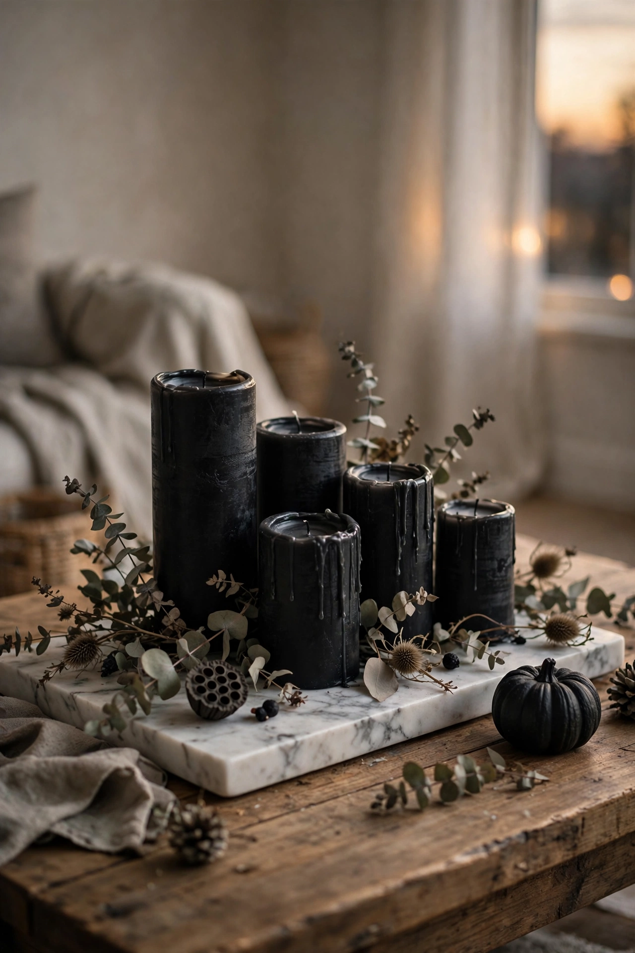 Black pillar candles of different heights on a white marble tray with dried eucalyptus.