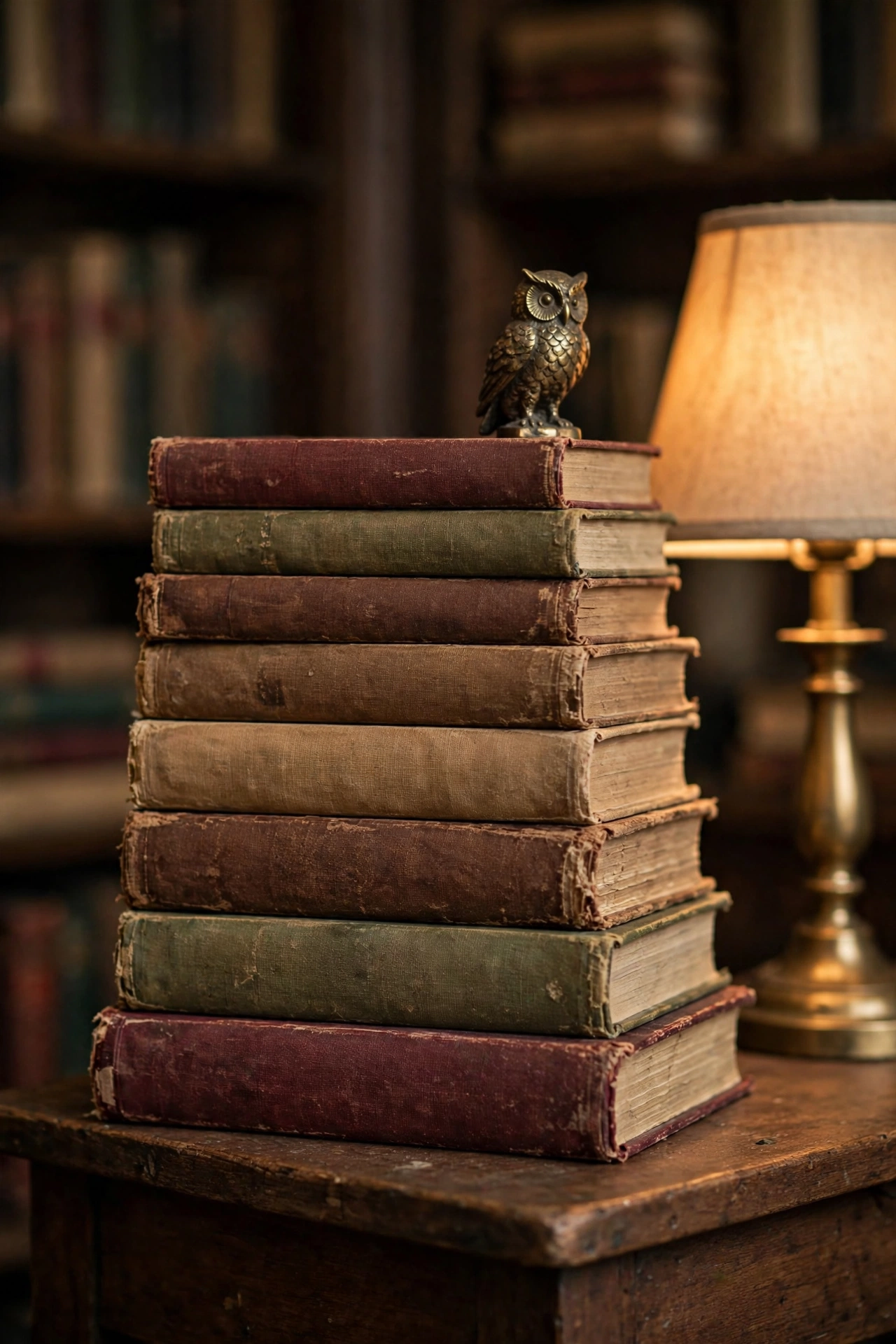 Stack of old clothbound books topped with a small brass owl figurine beside a lamp.