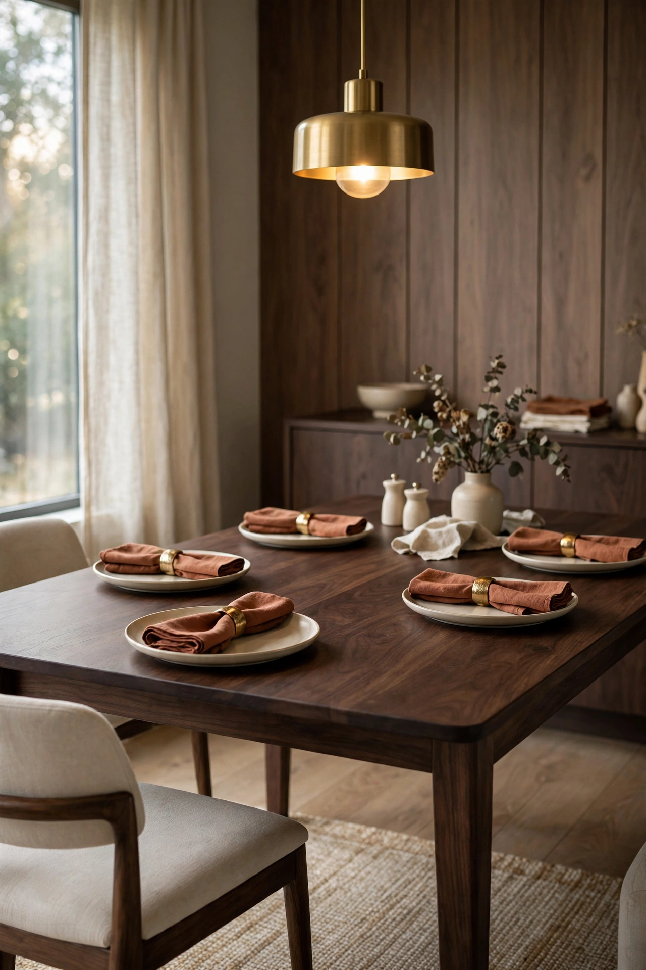 Modern dining room with a dark walnut table set with folded rust cloth napkins in brass napkin rings.