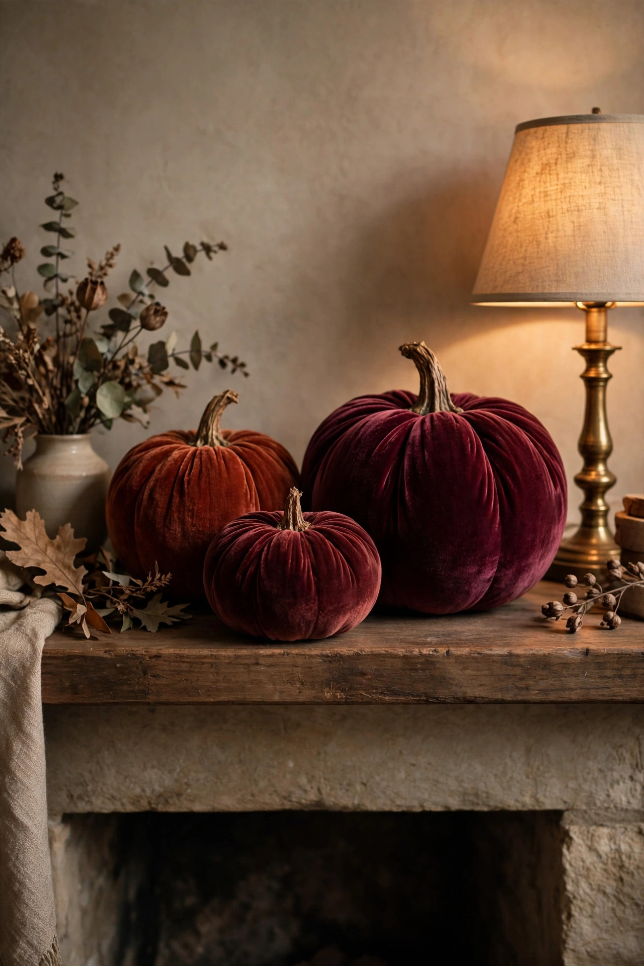 Cluster of deep burgundy velvet pumpkins in varied sizes glowing in candlelight on a fall mantel.