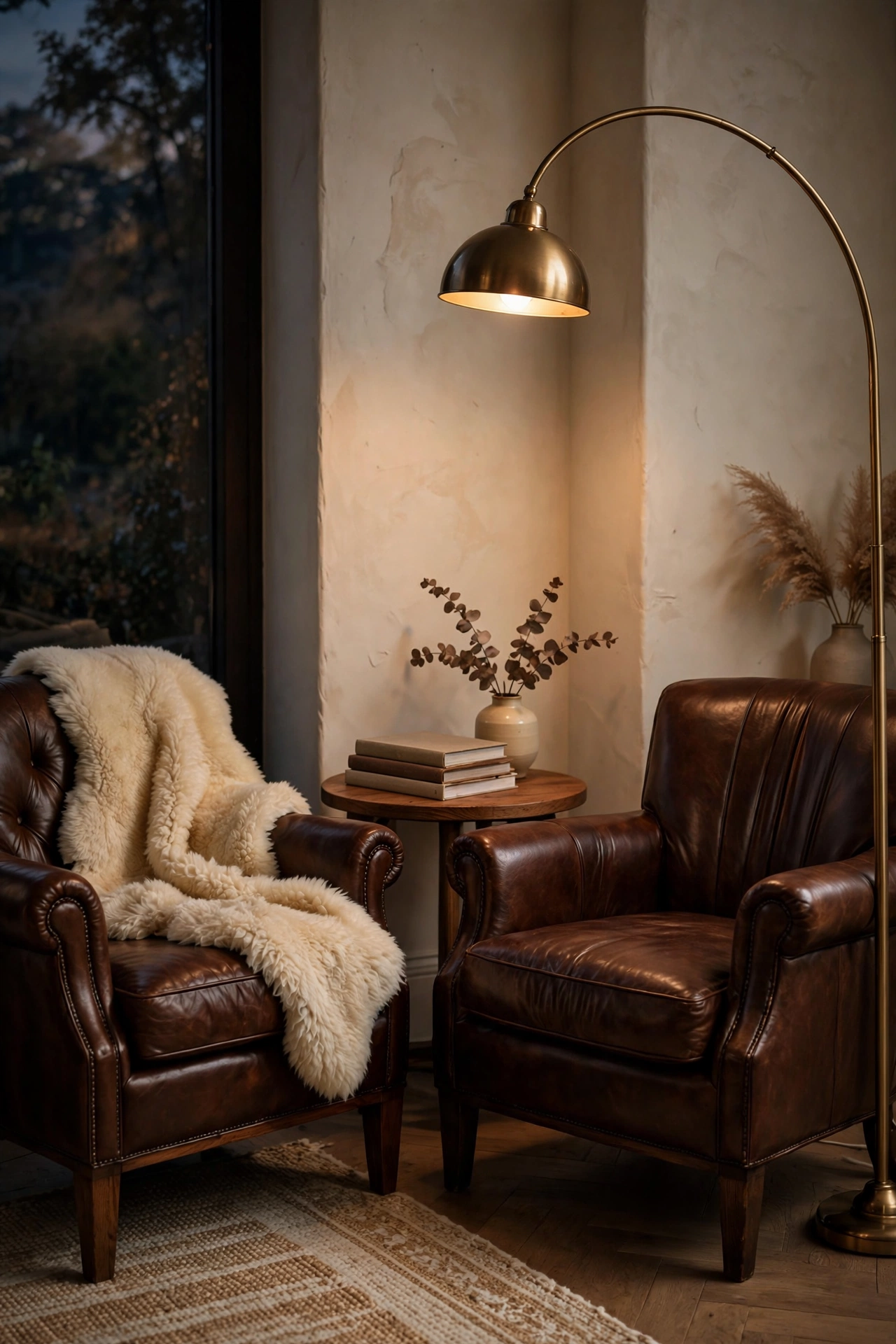 Two chocolate brown leather armchairs angled together with a brass arc floor lamp in warm evening light.