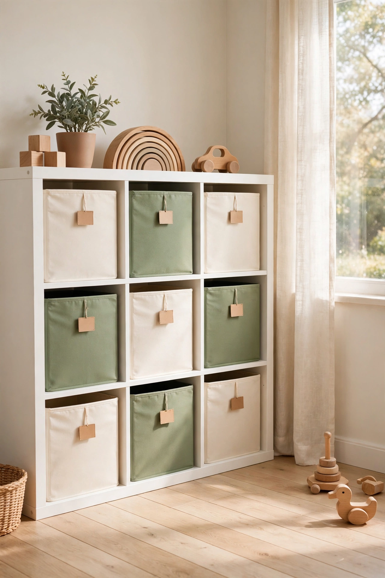 Bright playroom corner with a white nine cube shelving unit filled with cream and sage labeled fabric storage bins.