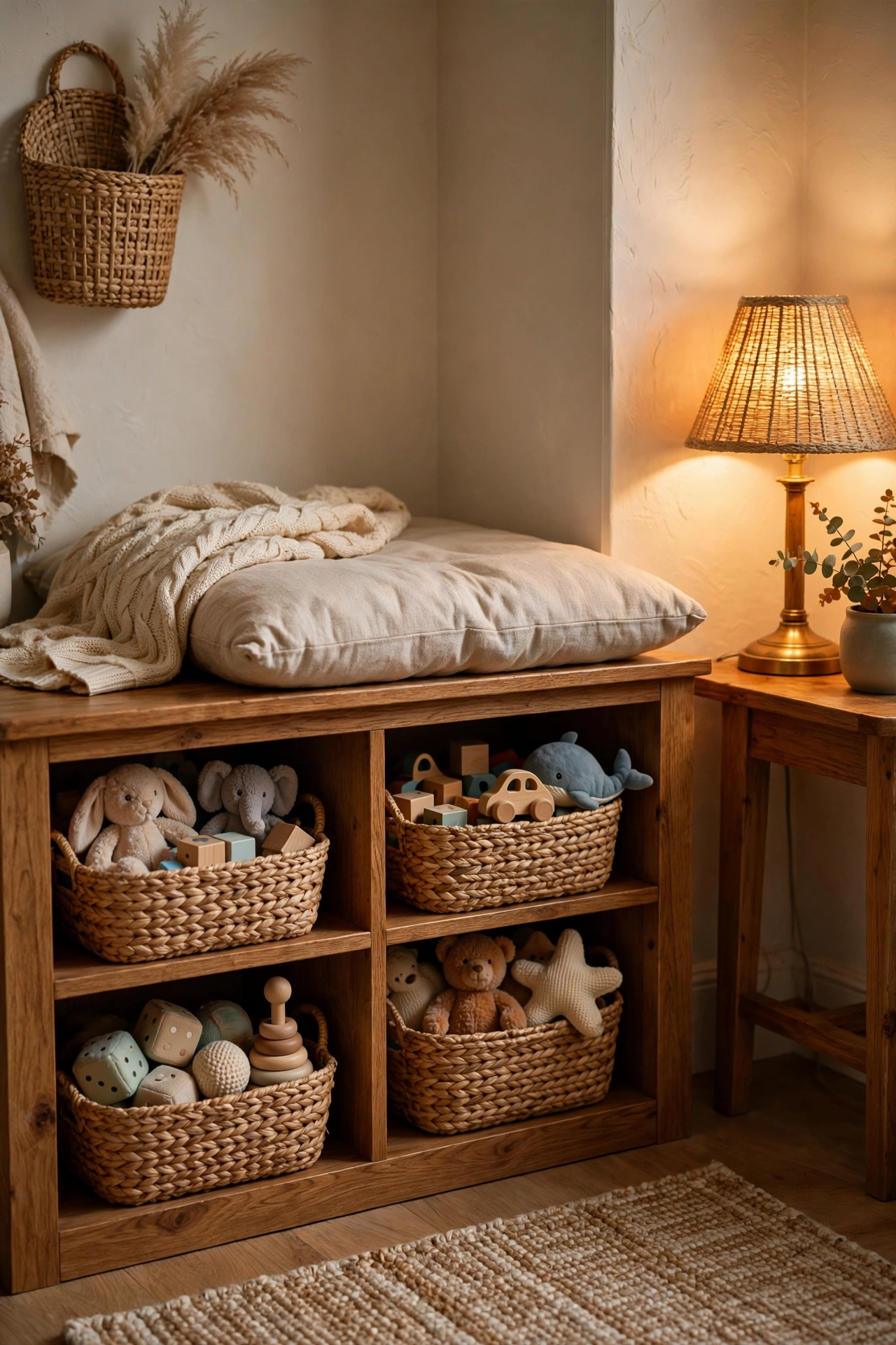 Family room corner with a wooden storage bench with cubbies of woven toy baskets and a cushion on top.