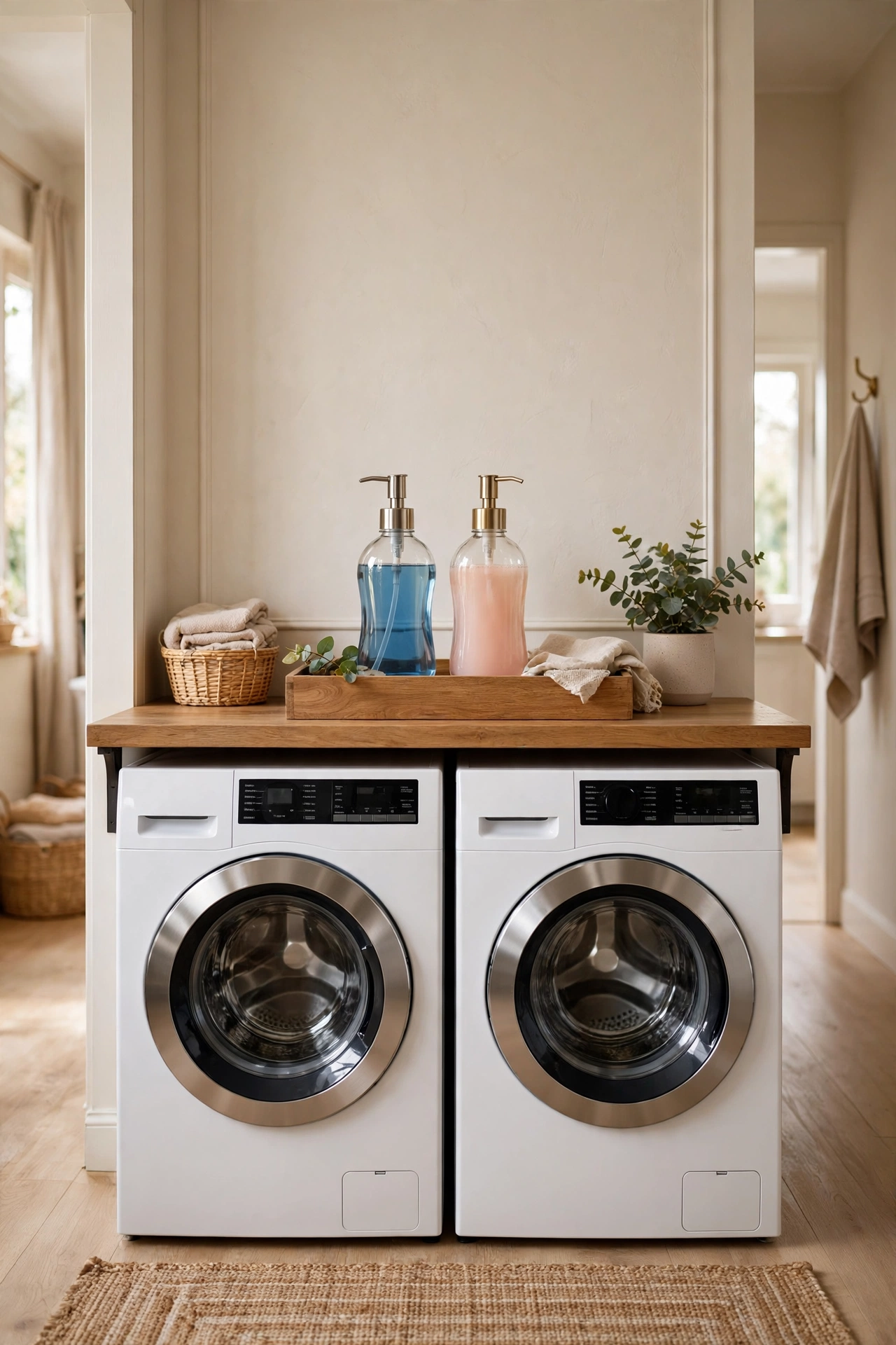 Two glass pump dispenser bottles labeled detergent and fabric softener on a laundry room shelf