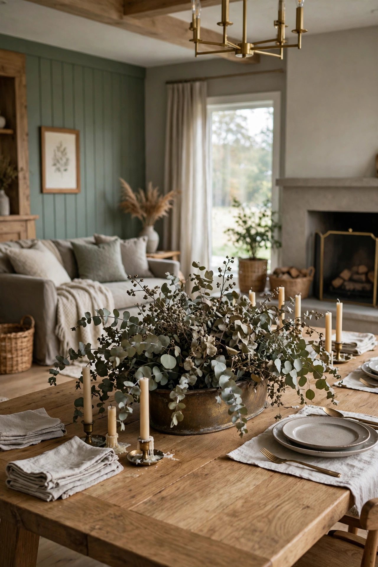 Modern farmhouse dining space with a wide oak table and a low aged brass planter overflowing with dried eucalyptus as the Thanksgiving centerpiece.