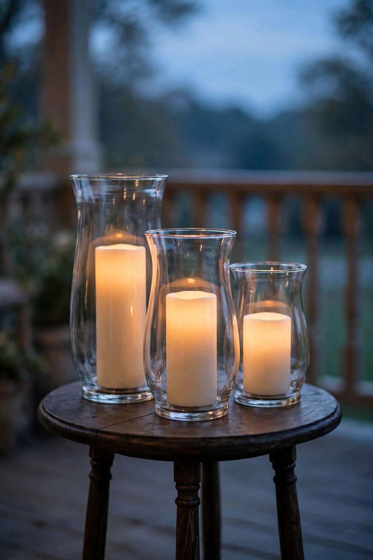 Three glass hurricane shades with glowing ivory pillar candles at staggered heights on a small porch side table at evening.