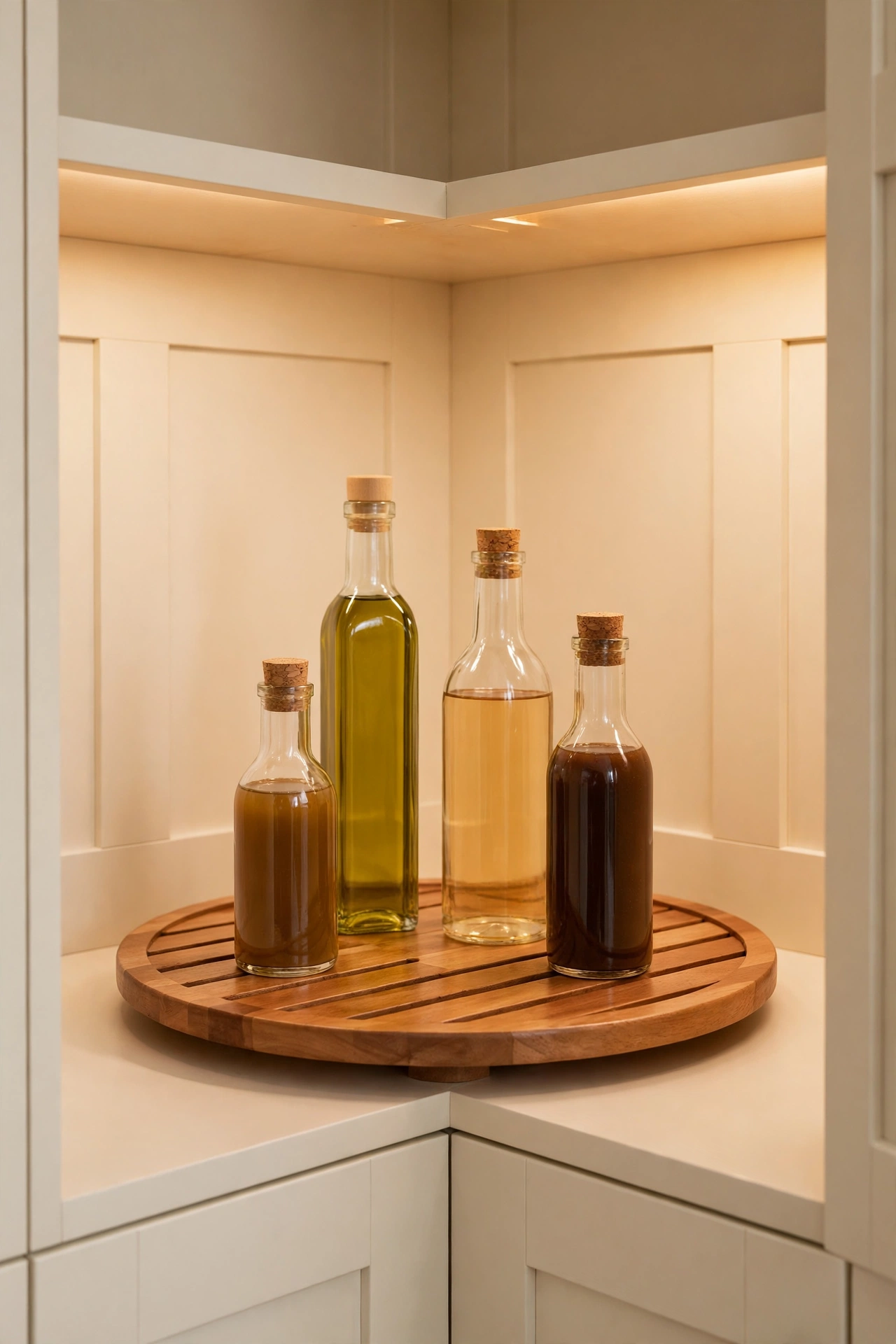 Deep pantry corner with a two tier lazy susan turntable holding oils and sauces