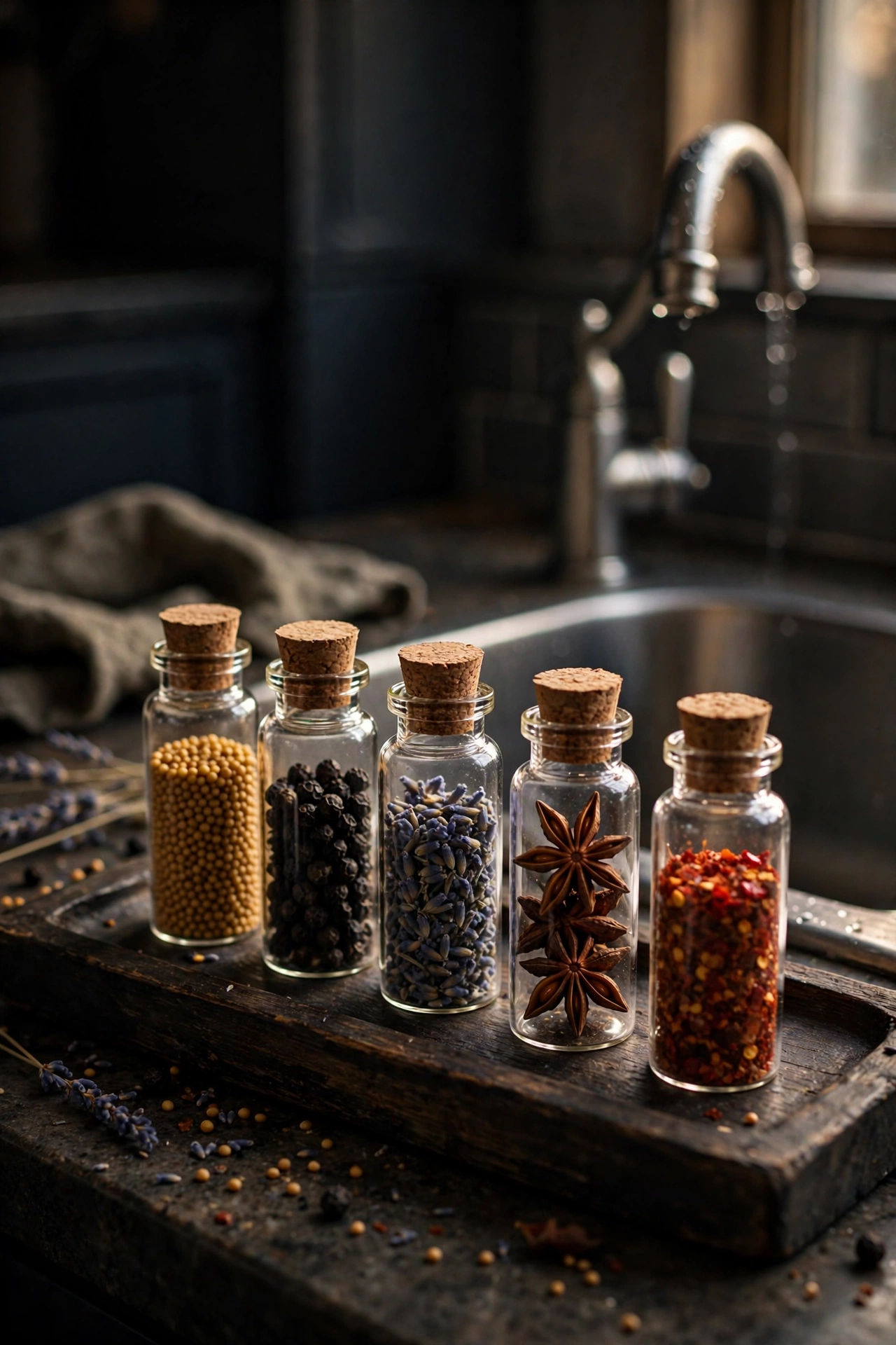 Tiny glass vials with cork stoppers filled with colorful spices lined up on a dark wooden tray by the kitchen sink.