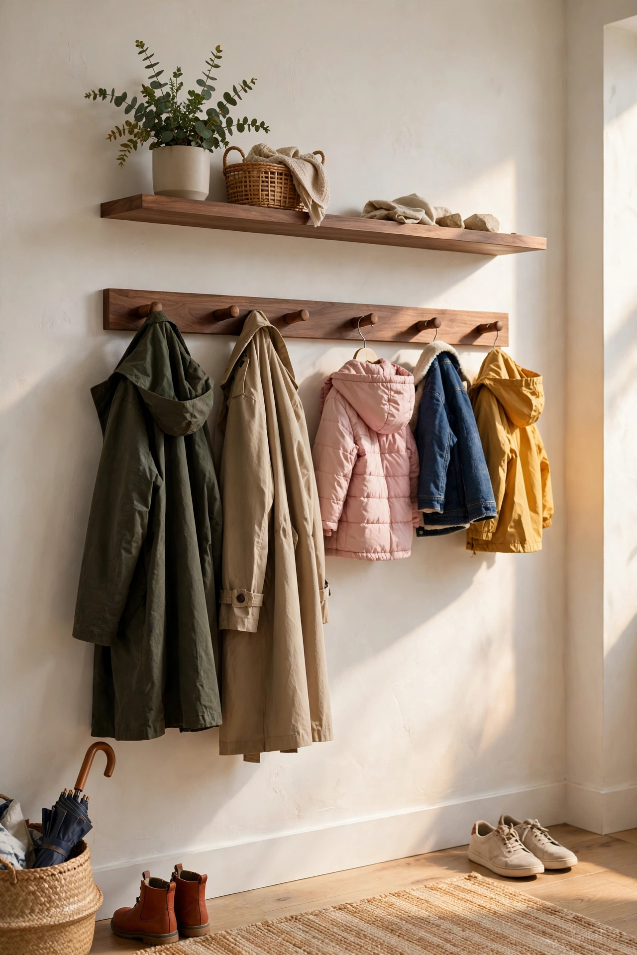 Modern entryway with a wall mounted wooden coat rack and shelf above, adult and kids coats hanging