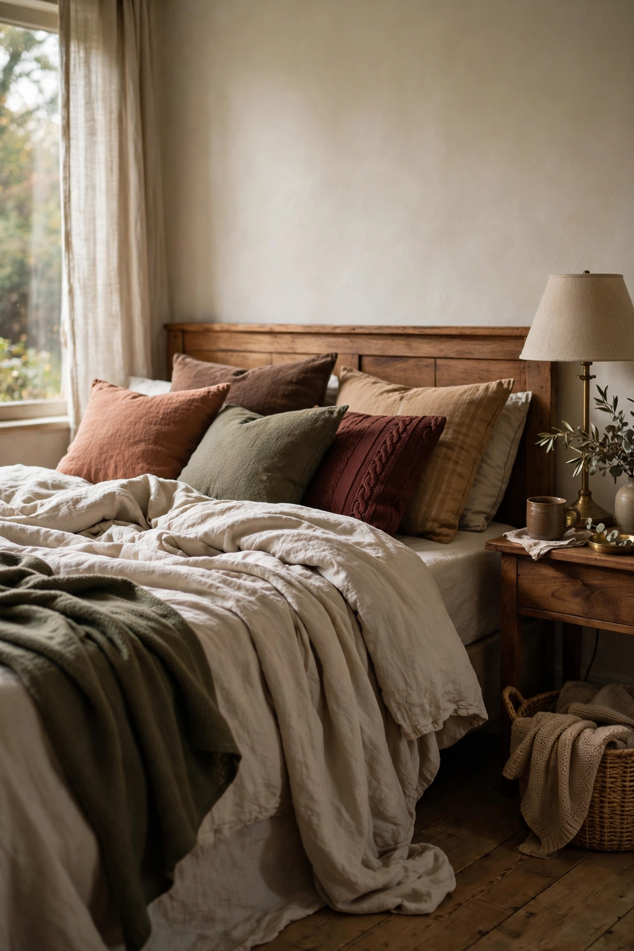 Casually unmade bed with soft oatmeal washed linen sheets, relaxed and inviting in gentle light.