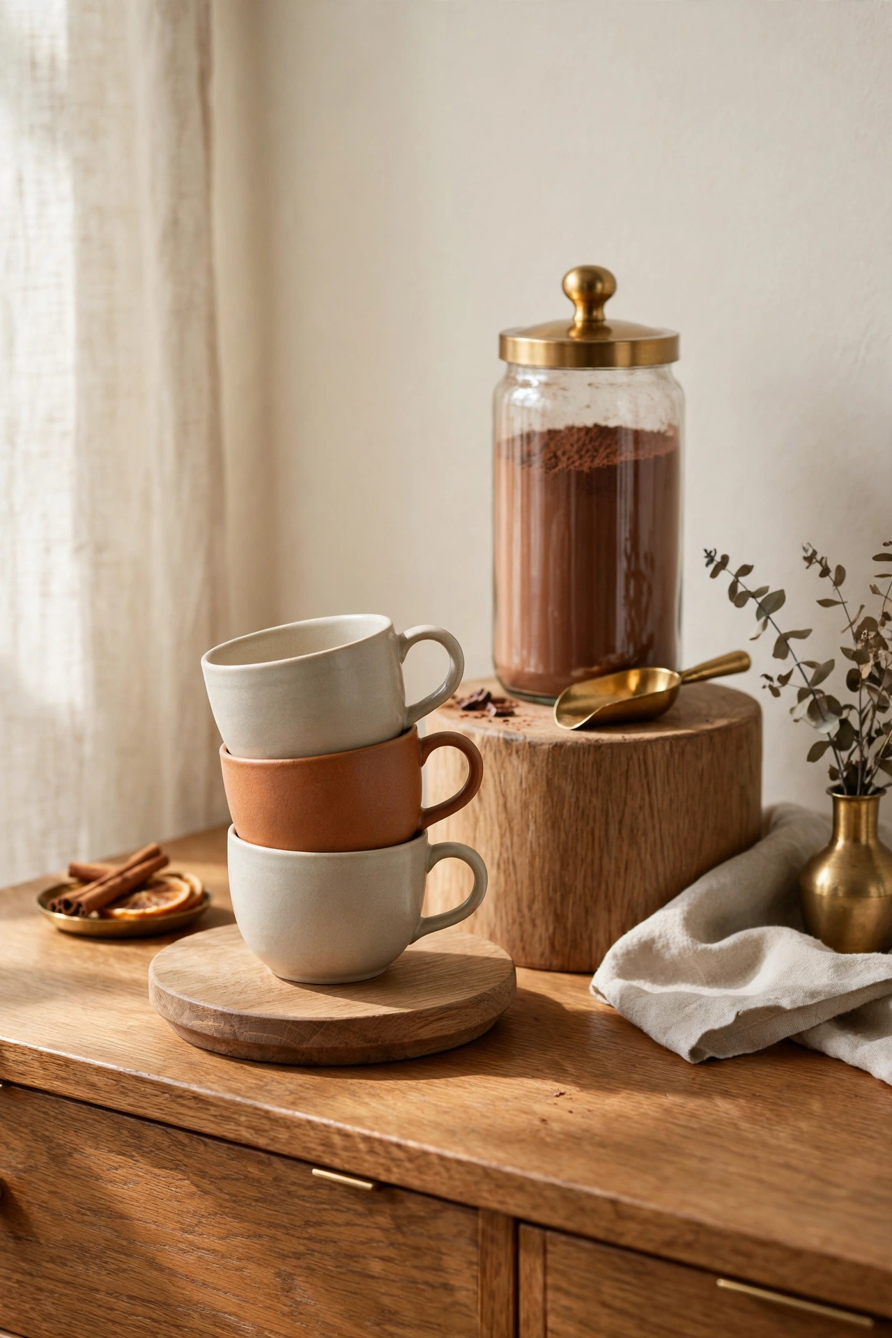 Wood risers adding height to a coffee bar, with a stacked mug tower and cocoa jar.