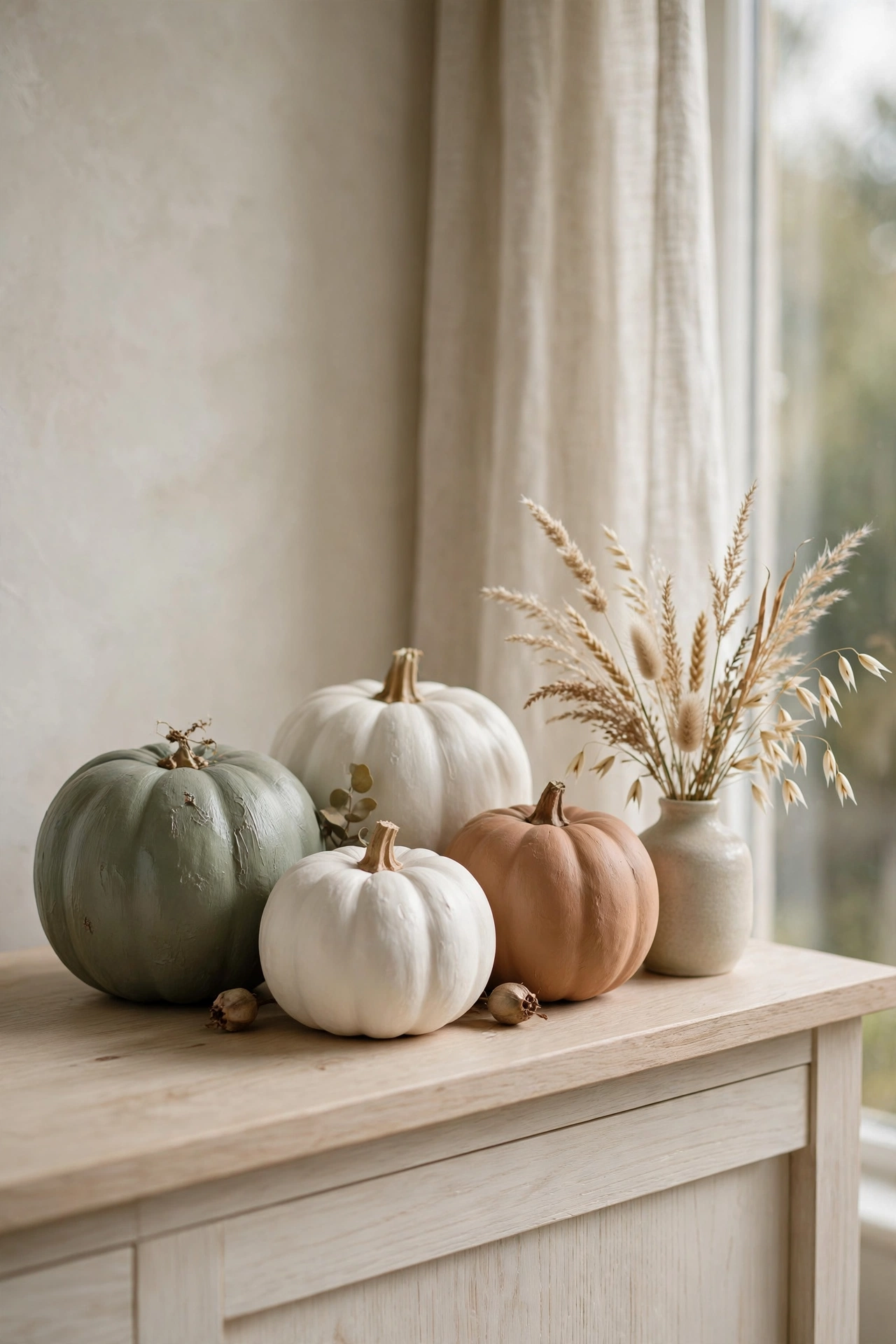 Hand-painted pumpkins in muted sage, white and clay tones