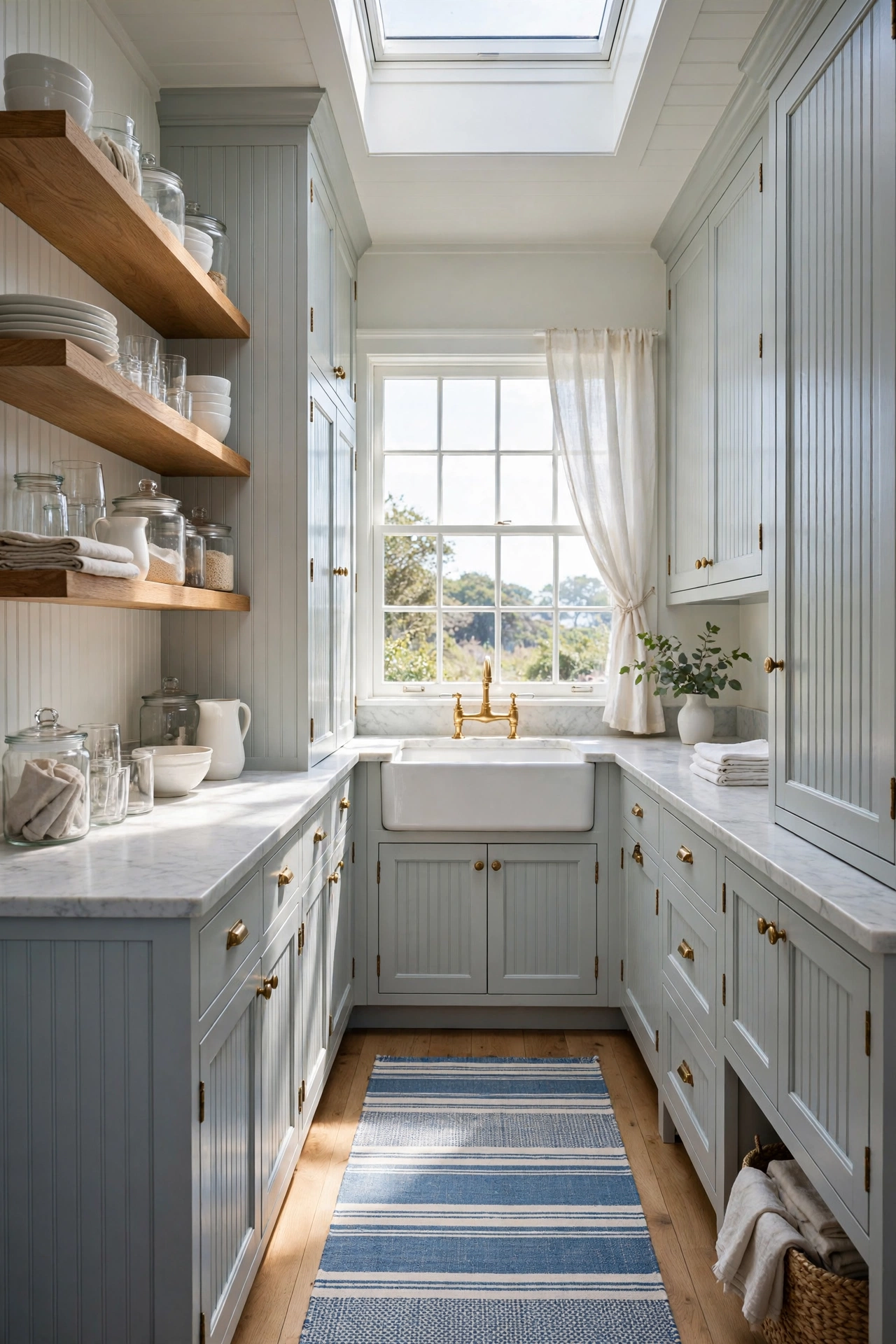 Pale blue galley kitchen with skylight, open wood shelves and a striped runner rug.