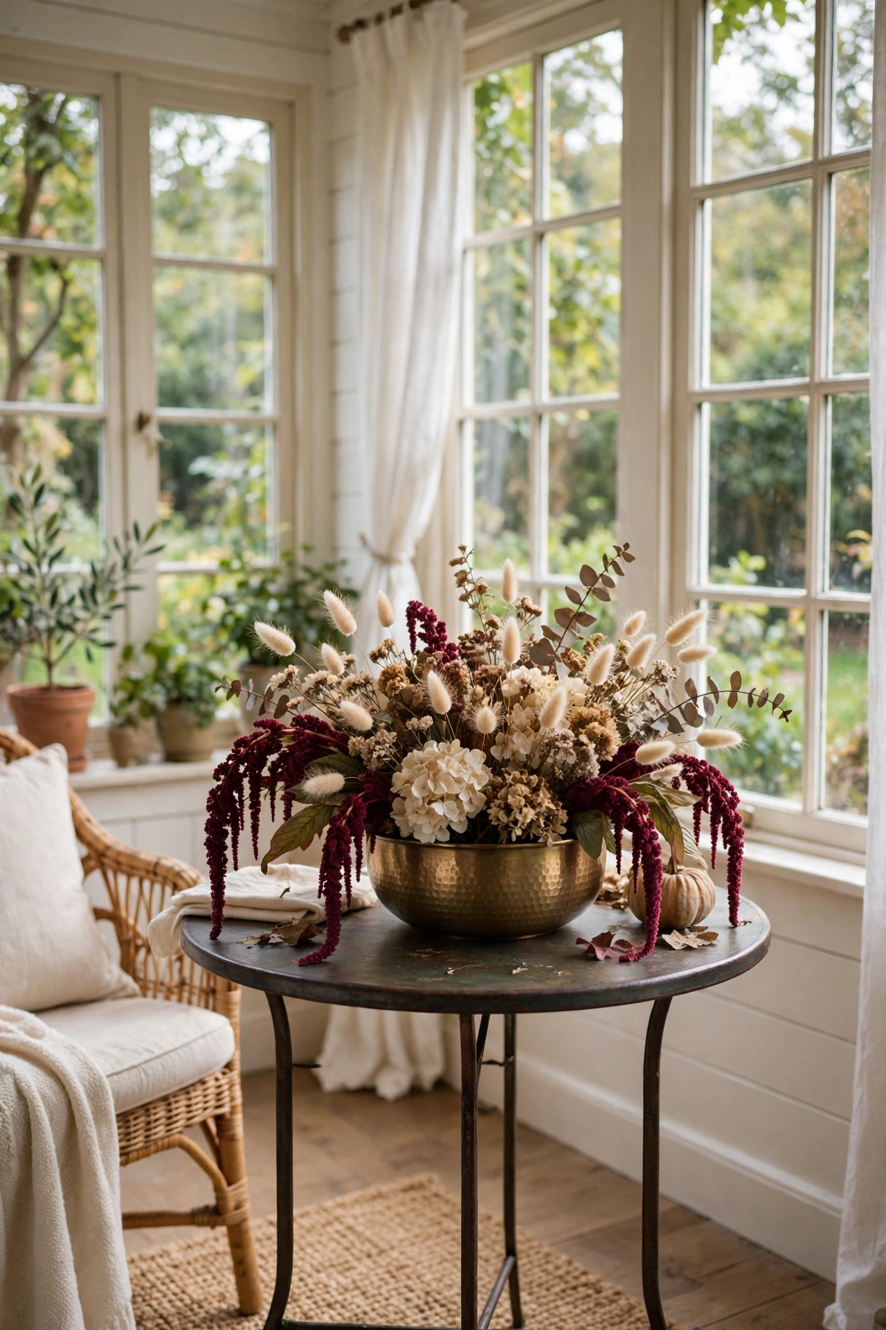 Bright cottage sunroom with a small round table and a low hammered brass bowl of burgundy amaranthus and cream bunny tails as the Thanksgiving centerpiece.