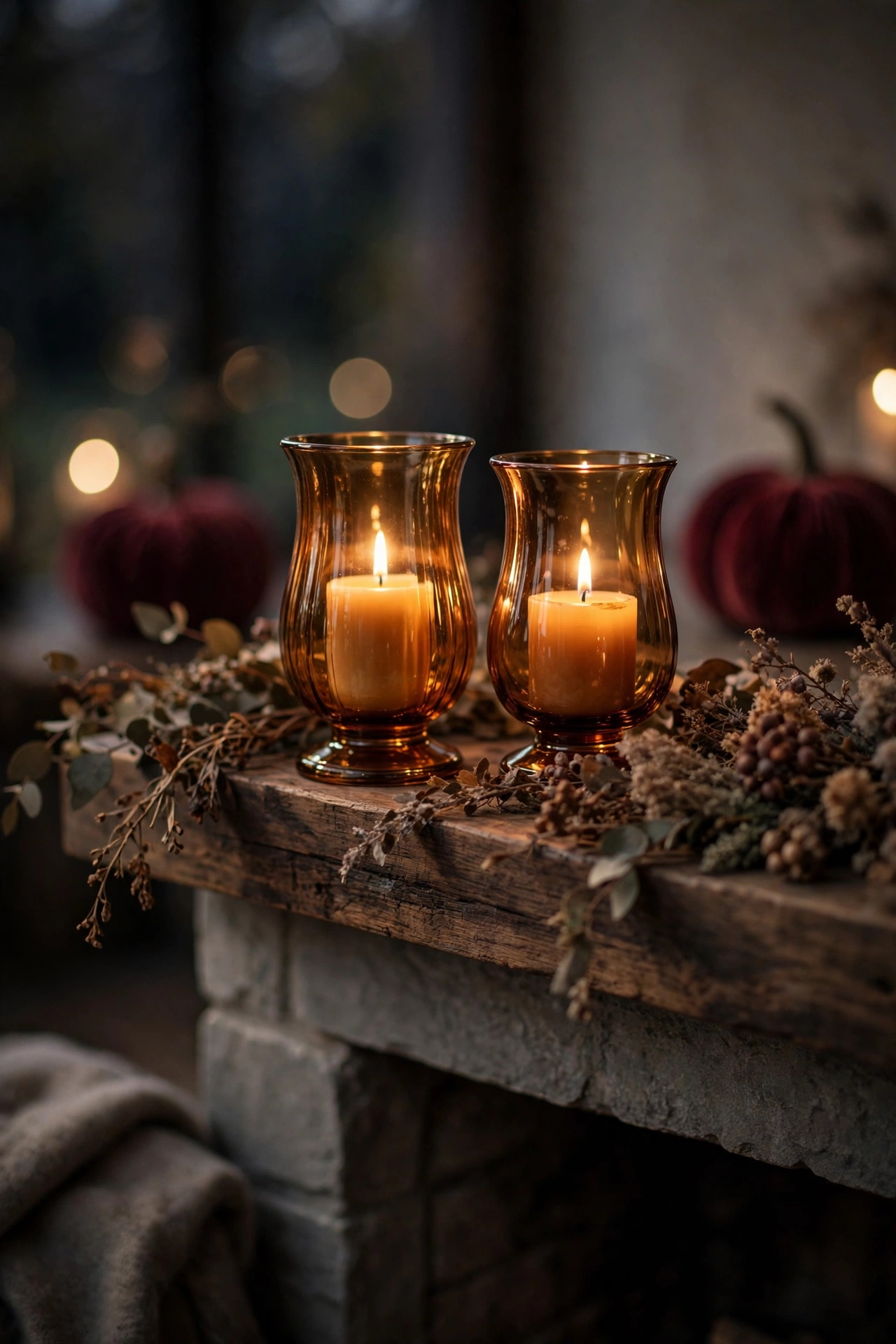 Amber glass hurricane candle holders with lit pillar candles casting a honeyed glow on a fall mantel.