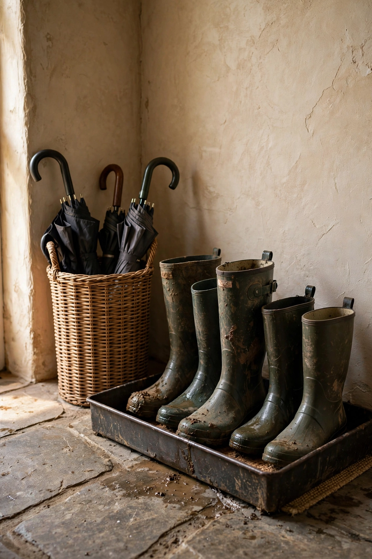 Mudroom corner with a large boot tray holding muddy rain boots, umbrella stand beside it