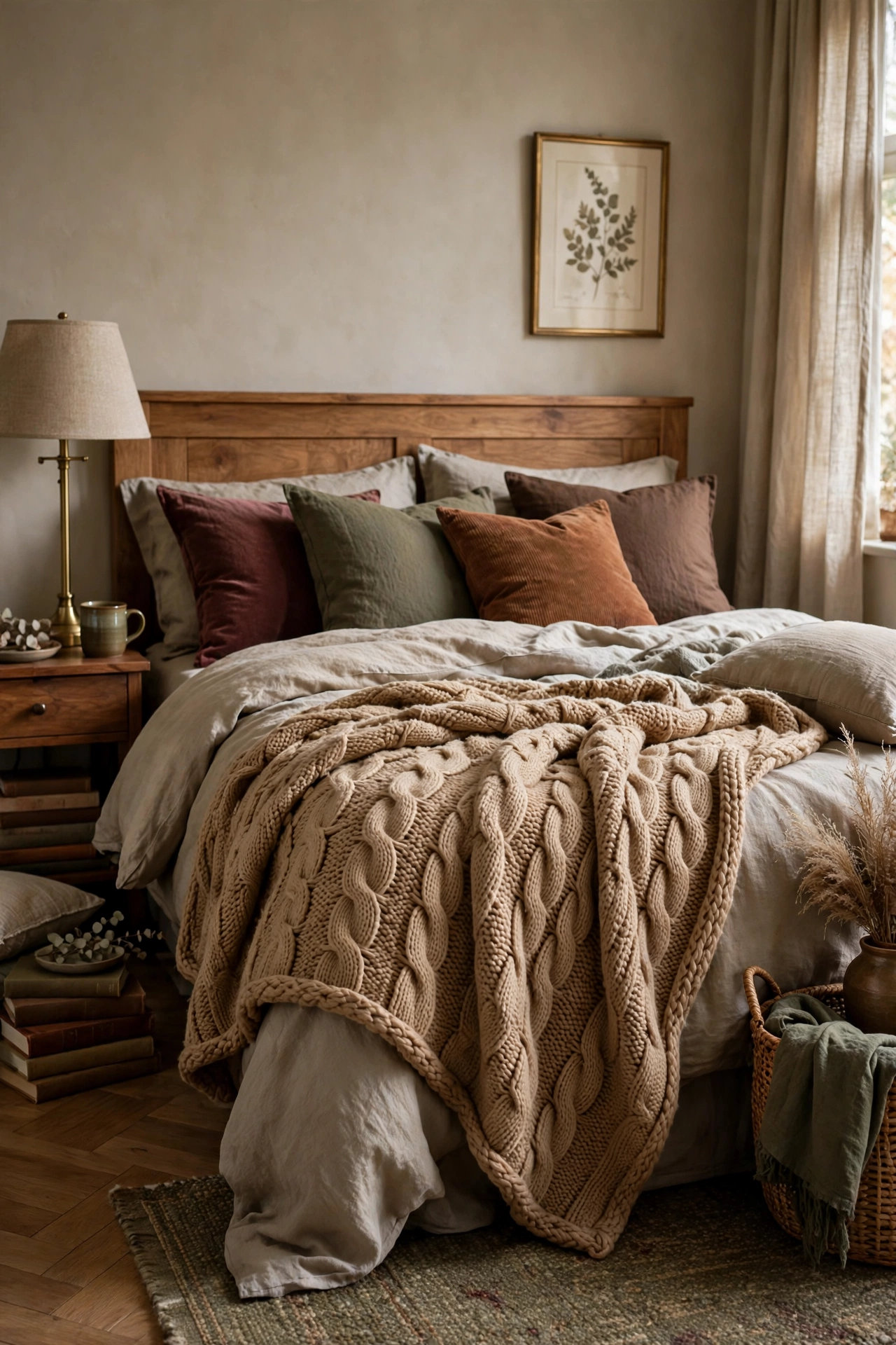 Camel chunky knit throw blanket draped over the foot of a bed, rich cozy texture detail.