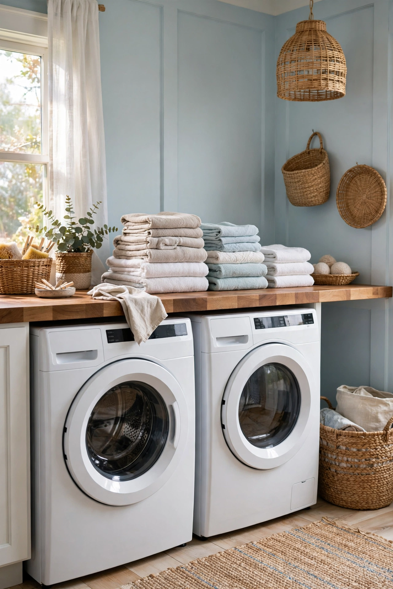 Wooden folding shelf mounted over a front load washer and dryer holding stacked towels