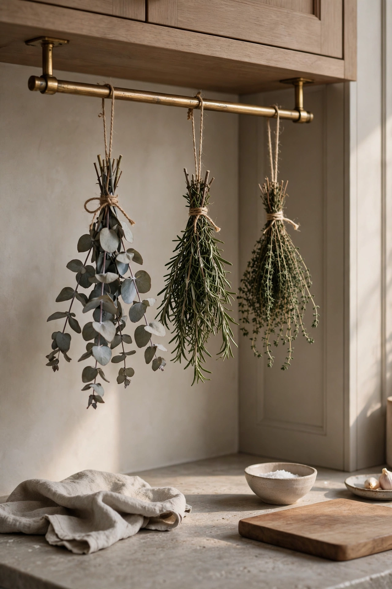 Small bundles of rosemary, thyme and dried eucalyptus tied with twine hanging from a brass rail in a kitchen.