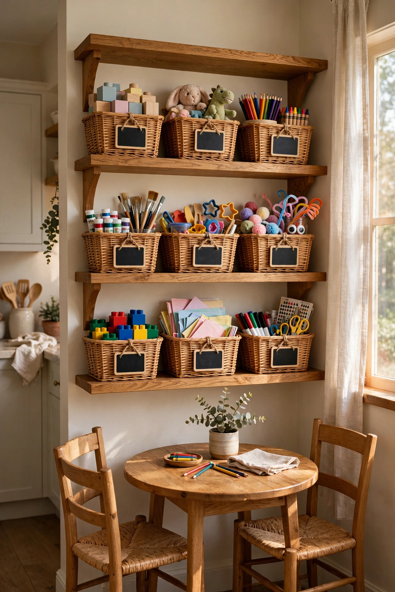 Kitchen nook with open oak shelves holding small wicker baskets with chalkboard labels full of sorted kids toys and art supplies.